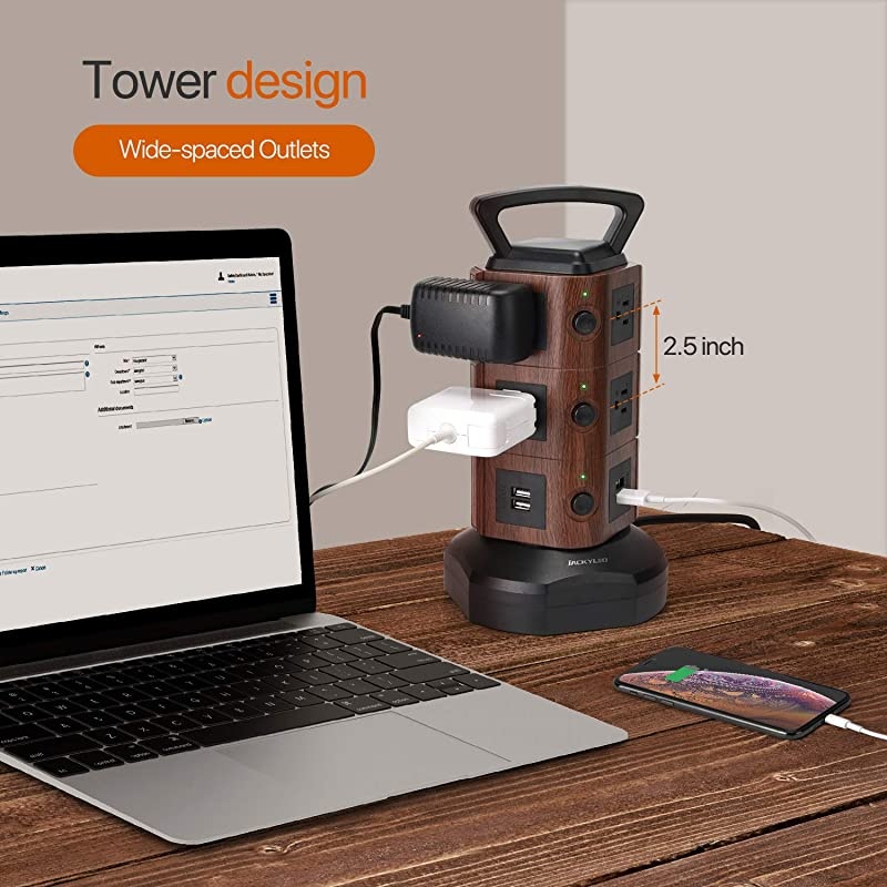 Power Strip Tower Surge Protector with 6.5ft Extension Cord 4 USB Ports and 10 AC Outlets Electric Charging Station for Home Office Dorm Desktop Computer Walnut and Black