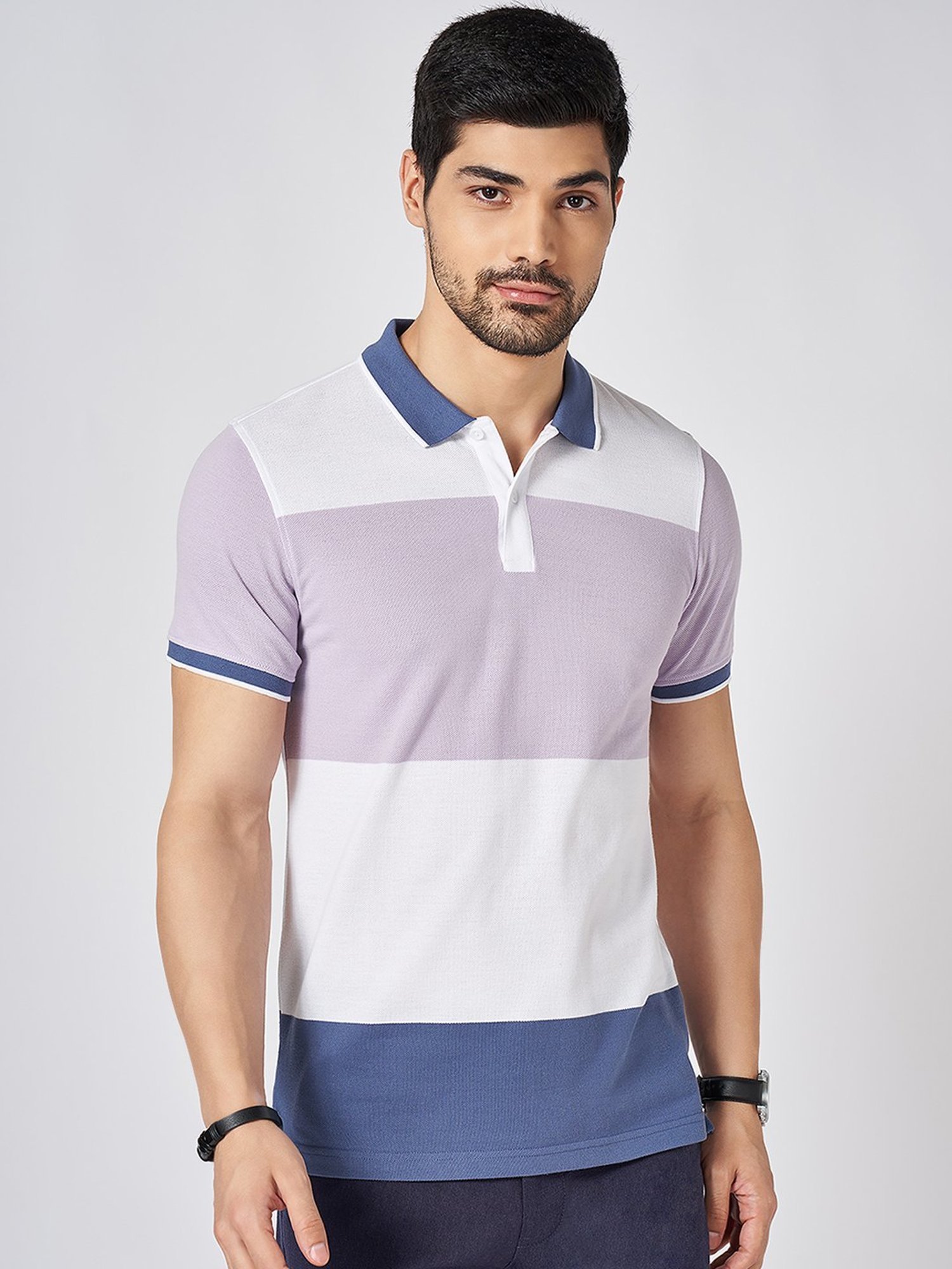Byford By Pantaloons Multicolored Cotton Slim Fit Colour Block Polo T-Shirt