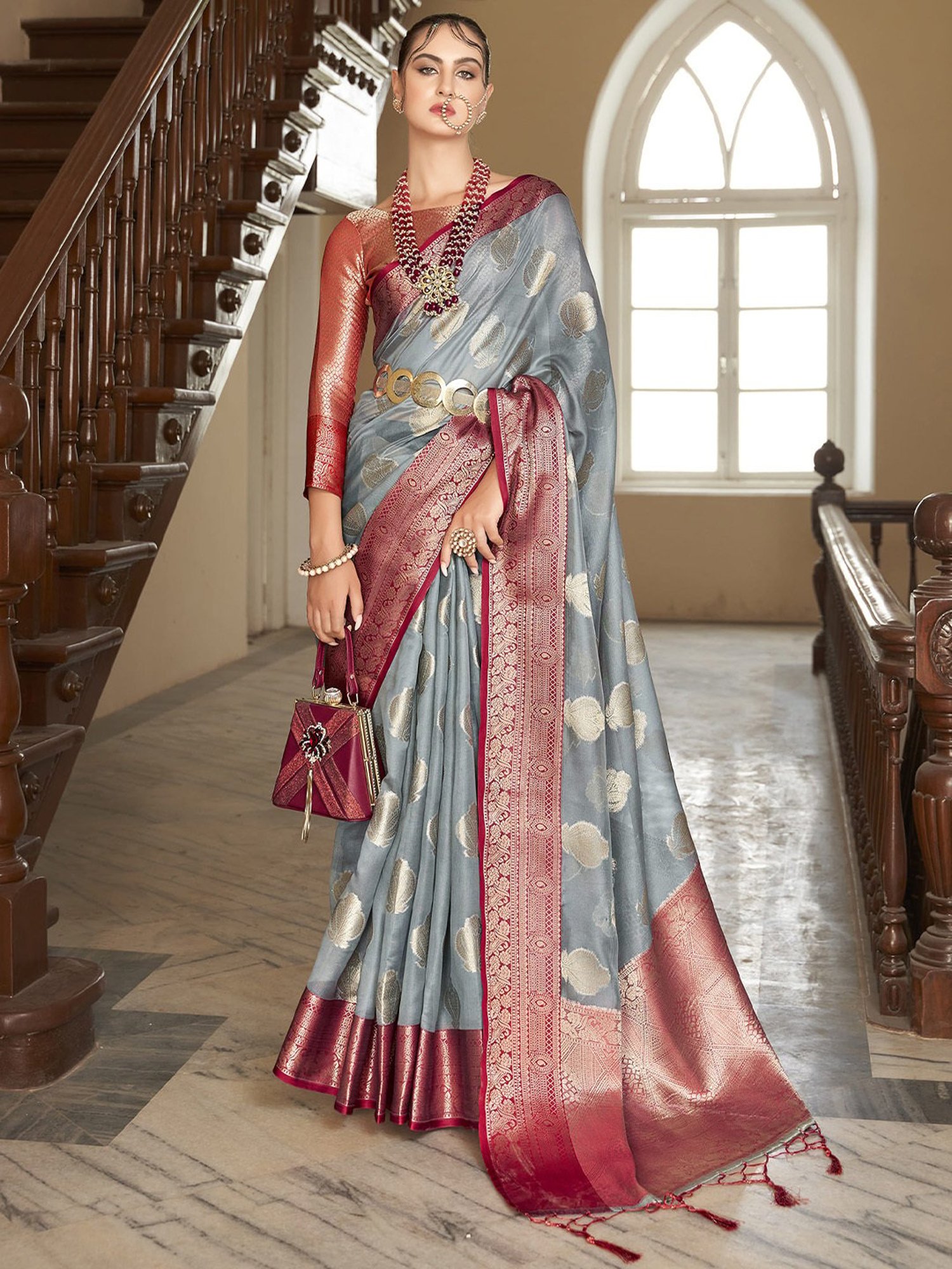 Elora Grey Silk Woven Saree With Unstitched Blouse