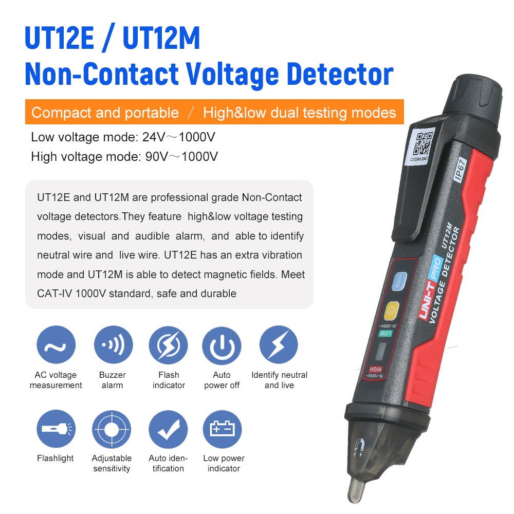 UNI-T UT12M AC Voltage Detector Meter 24V-1000V Non-Contact Portable Tester Pen Socket Volt Current Electric Test Pencil with Sound and Light Alarm and LED Flashlight