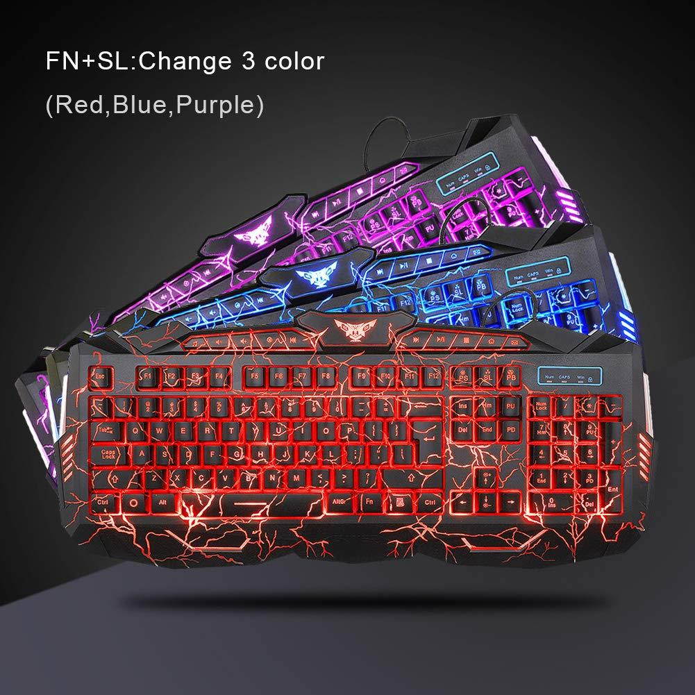 BlueFinger Mechanical Feeling Gaming Keyboard,Gaming Mouse and Mouse Pad Combo,USB Wired Keyboard,114 Keys Letters Glow,3 Color Blue/Red/Purple Backlit Crack Pattern,Keyboard Bundle for Computer Gamer