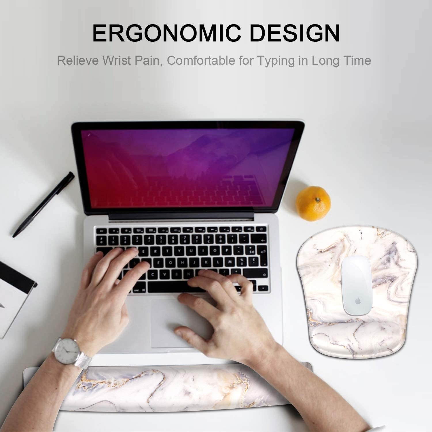 Artiron Keyboard Wrist Rest and Ergonomic Mouse Pad with Wrist Support, Memory Foam Filled Non Slip Base Easy Typing and Relieve Wrist Pain for Computer Office Laptop (Platinum Marble)