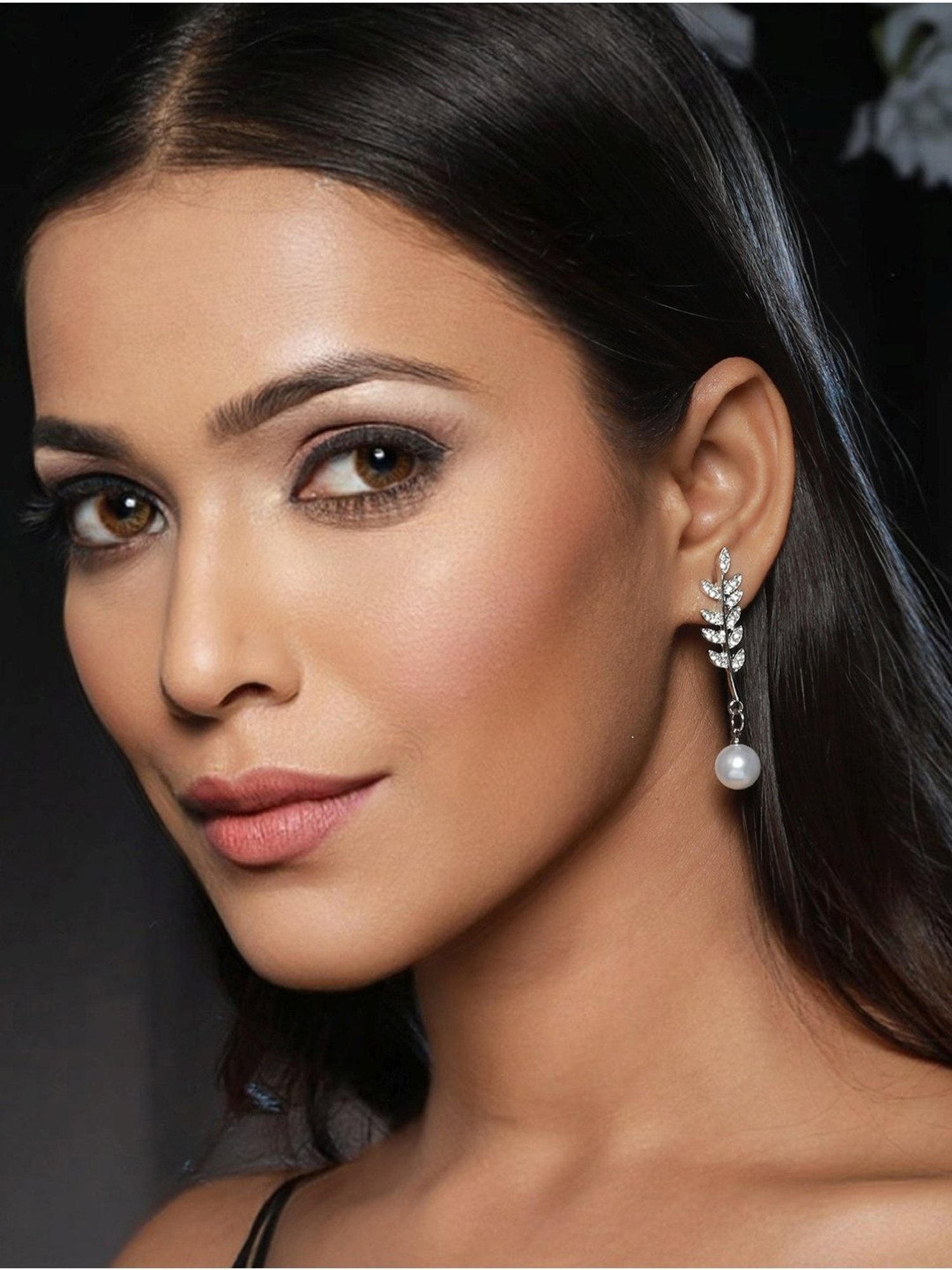 Prita by Priyaasi Leaf American Diamond Pearl Silver-Plated Dangler Earrings