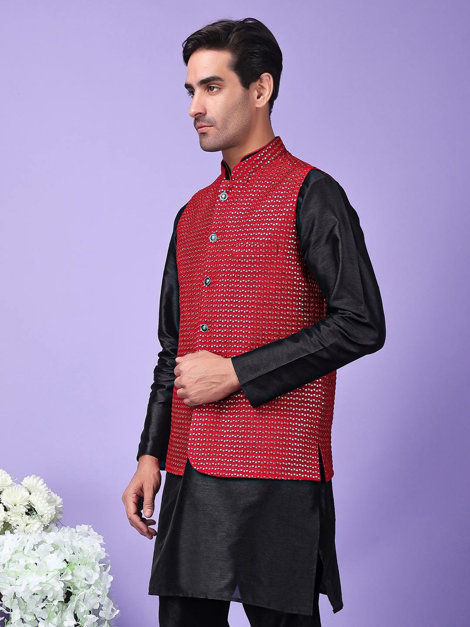 Hangup Maroon Regular Fit Embellished Nehru Jacket