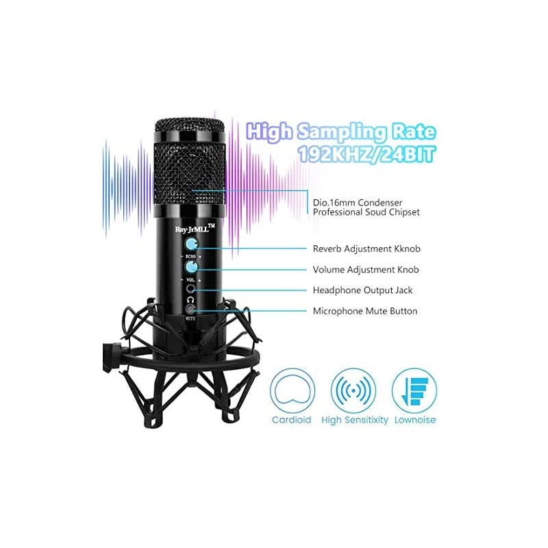 Condenser Microphone for Computer, Professional PC Microphone Kit with Noise Cancelling, Mute Button, Adjustable Metal Arm Stand, Great for Gaming, Podcast, LiveStreaming, Recording, Black