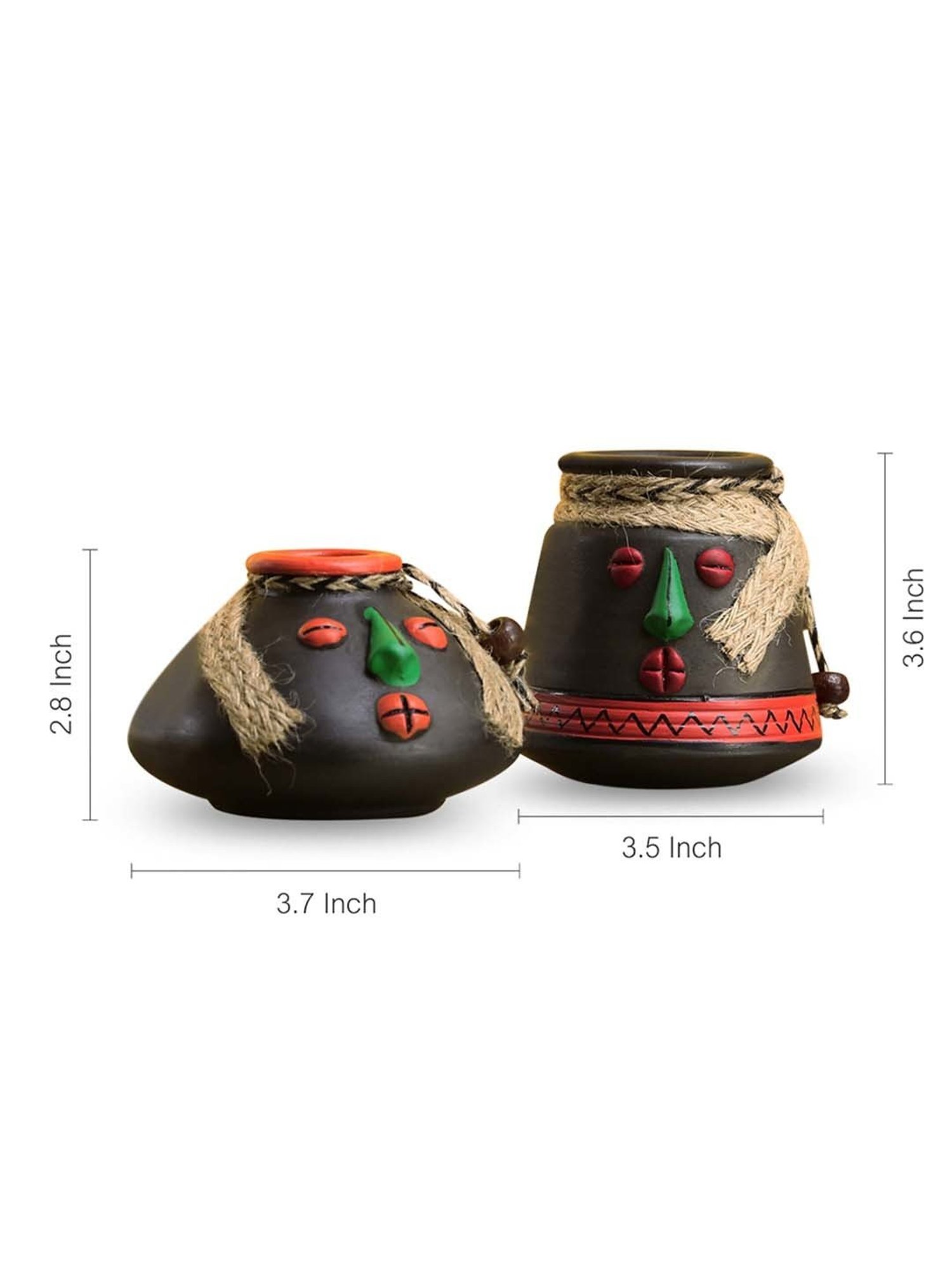 ExclusiveLane Tribal Rustic Pot-Faces In Terracotta With Jute Detailing Pots Showpieces (Set Of 2)