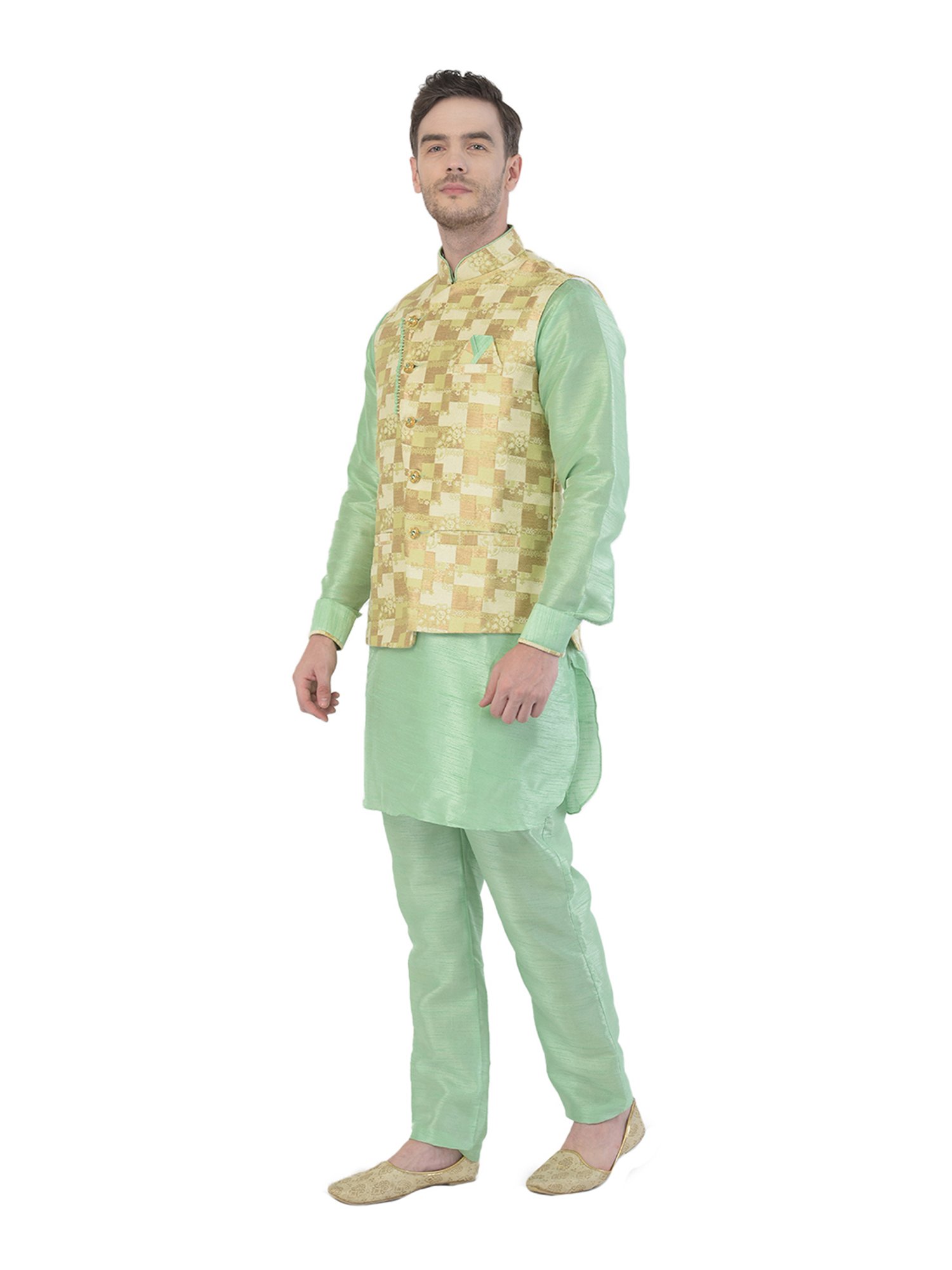 SG RAJASAHAB Green Printed Kurta & Pant Set With Jacket
