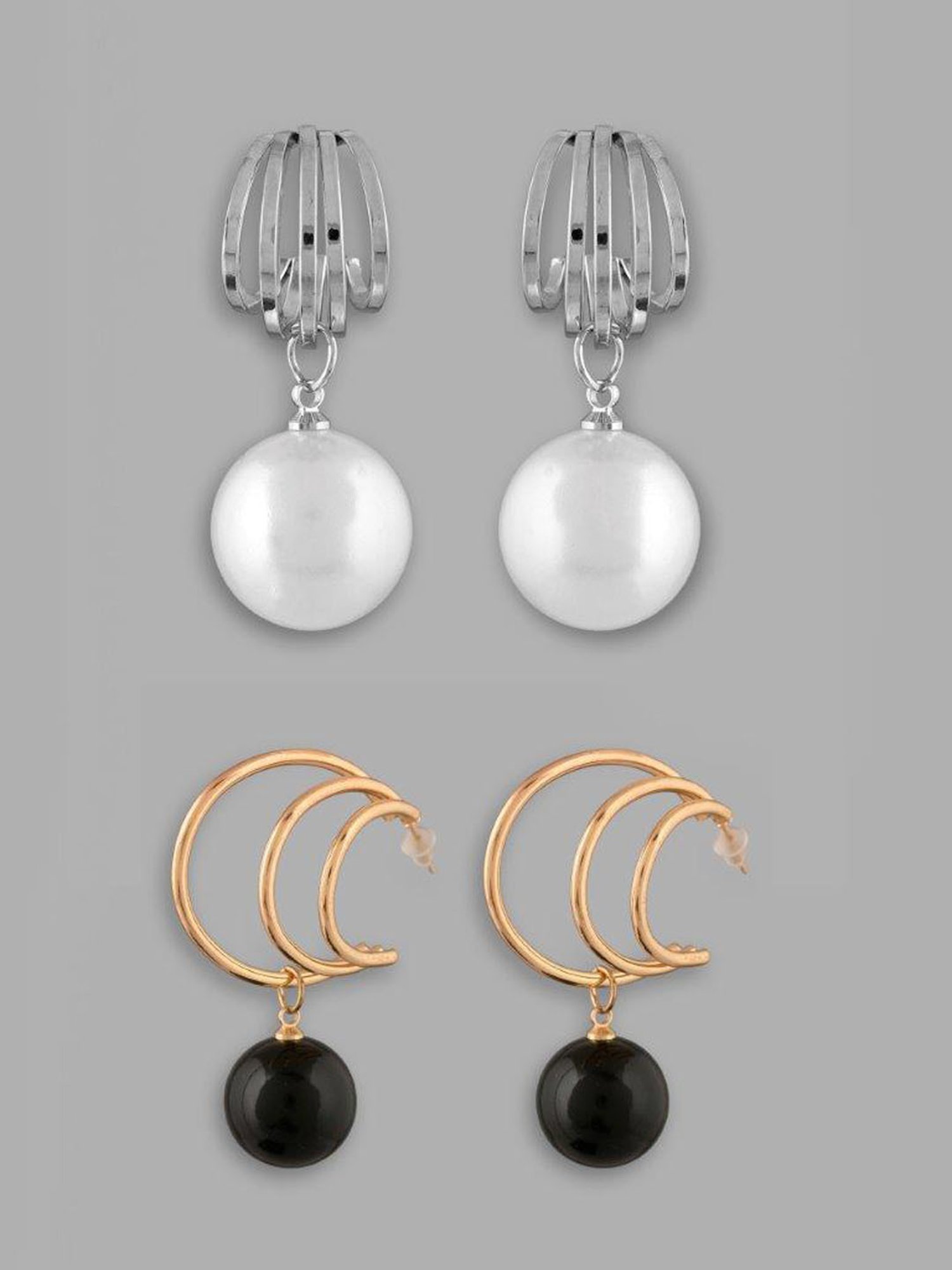 VOJ Set of 2 Korean Drop Gold Plated Black Pearl and Silver Plated White Pearl Earrings for Women