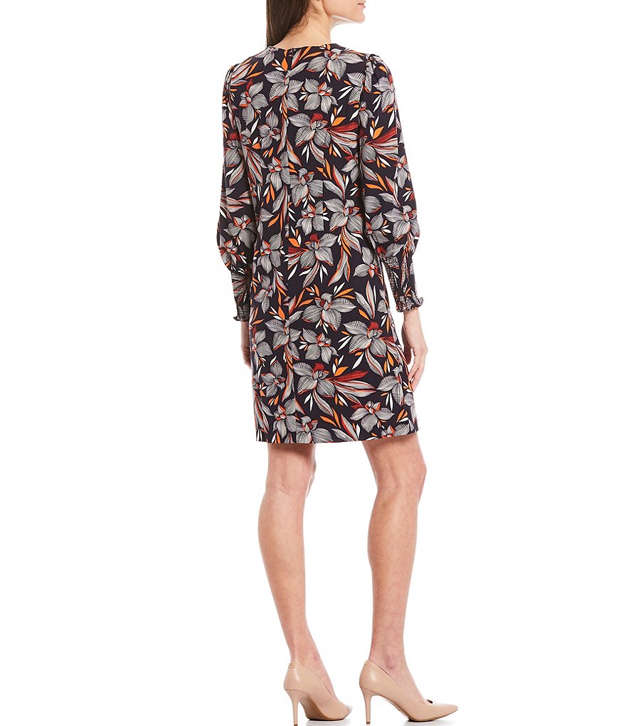 London Times Petite Size Long Sleeve Feather Floral Smocked Shift Dress