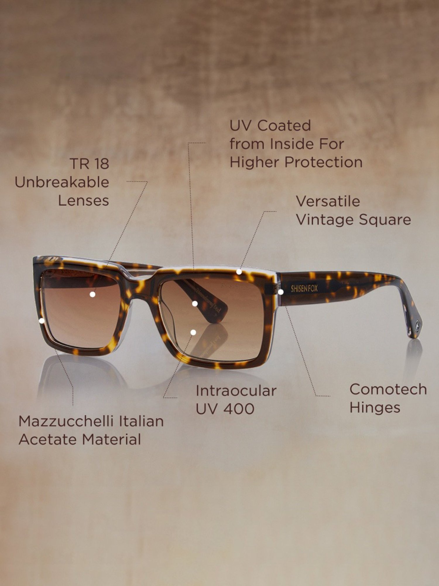 Shisen Fox Kokoro Havana Crystal Rectangular Unisex UV Protection Sunglasses -54 mm