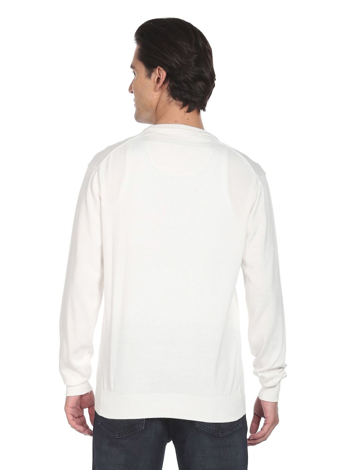 Arrow Sport White Cotton Regular Fit Striped Sweater