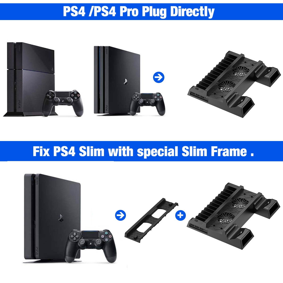 PS4 Vertical Stand Cooling Fan for PS4 Slim/ PS4 Pro/ Regular PlayStation4, PS4 Stand Controller Charger Station for Dual Charging, PS4 Accesossries with Game Storage for Playstation Consoles