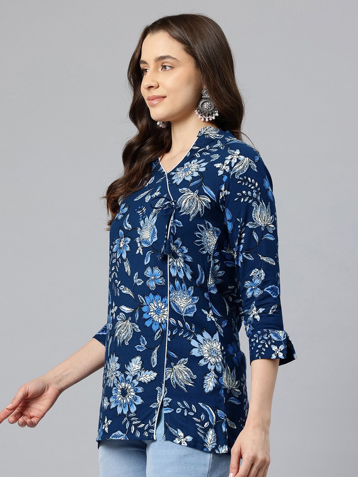 One Femme Dark Blue Floral Print Angrakha Kurti