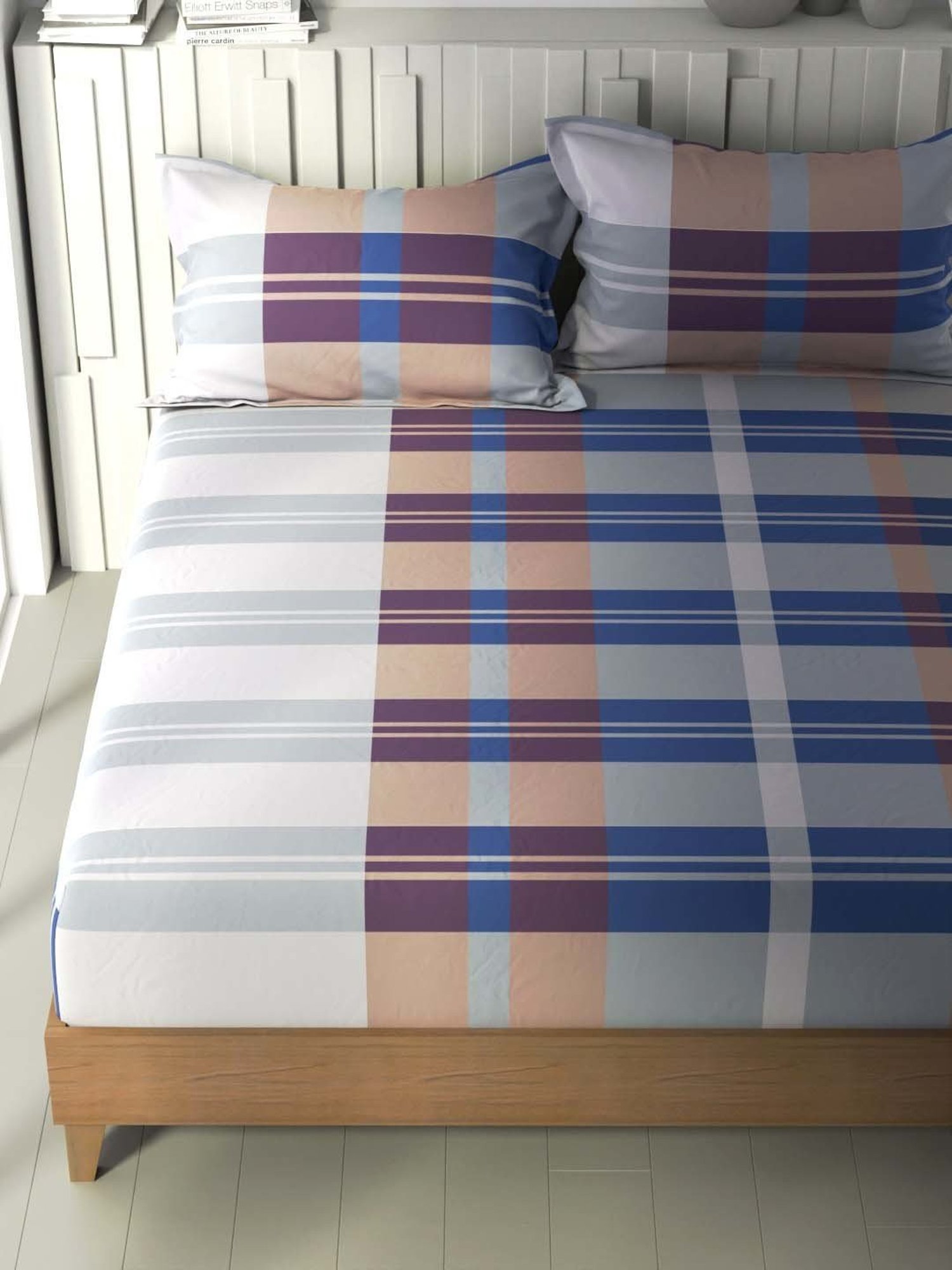 NAUTICA Ocean View Blue & Red Cotton 160 TC King Bedsheet with 2 Pillow Cover