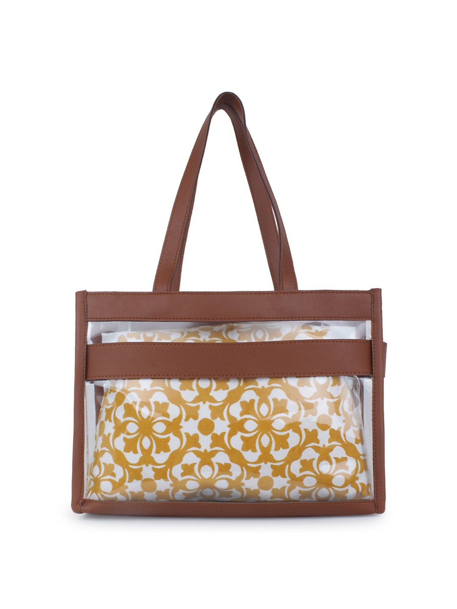 Yelloe Brown Printed Medium Handbag