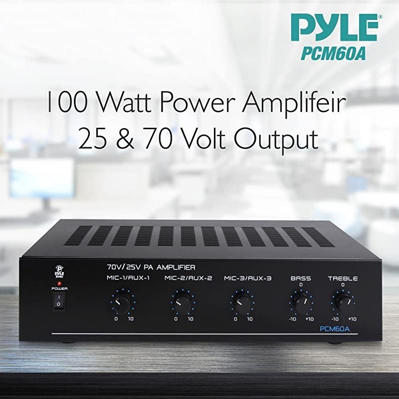 Compact Mini Home Power Amplifier - 100W Smart Indoor Audio Stereo Receiver w/ RCA, 3 Microphone IN, AUX, 25/70V Outputs, LED, Input Selector, For PA, Amplified Speaker Sound System  PCM60A Black