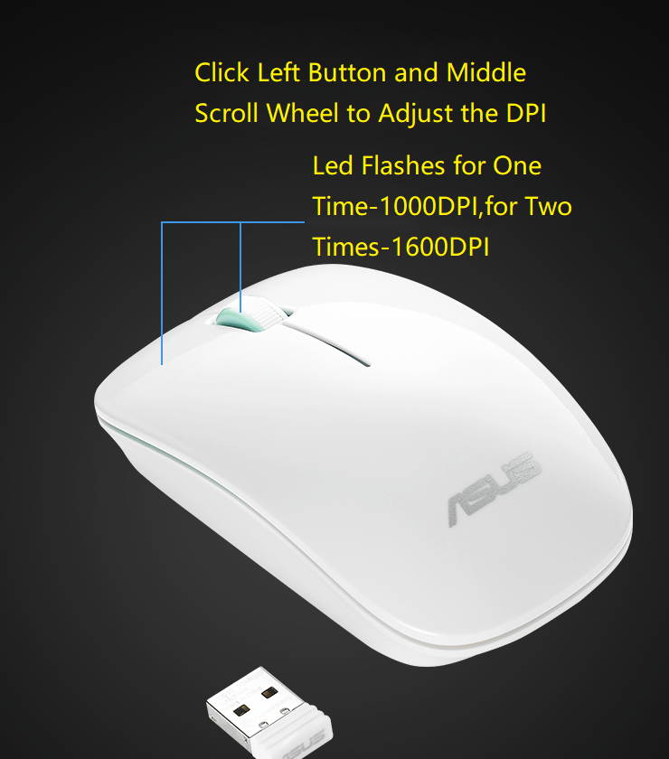 Asus UT220 Ergonomic Design, Classic Exterior 2.4GHz 10m 1600DPI Wireless Mouse  For Office And Game, High Compatibility Support PC, and Laptop  - White, Green Side Scroll Wheel