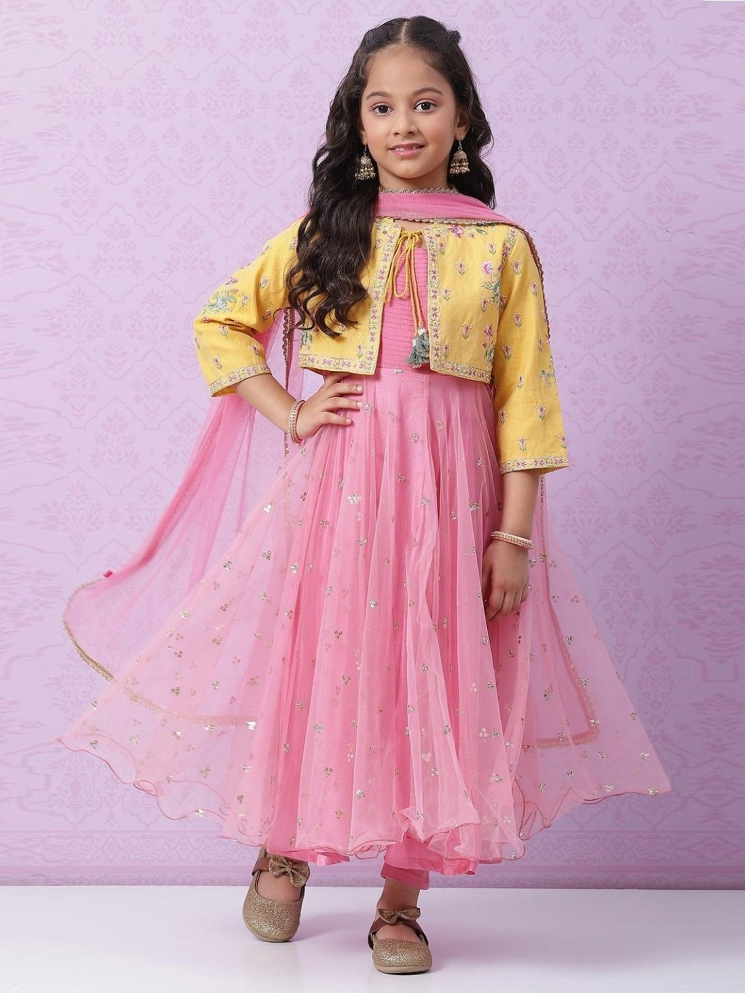 Biba Kids Yellow & Pink Embroidered Kurta Set