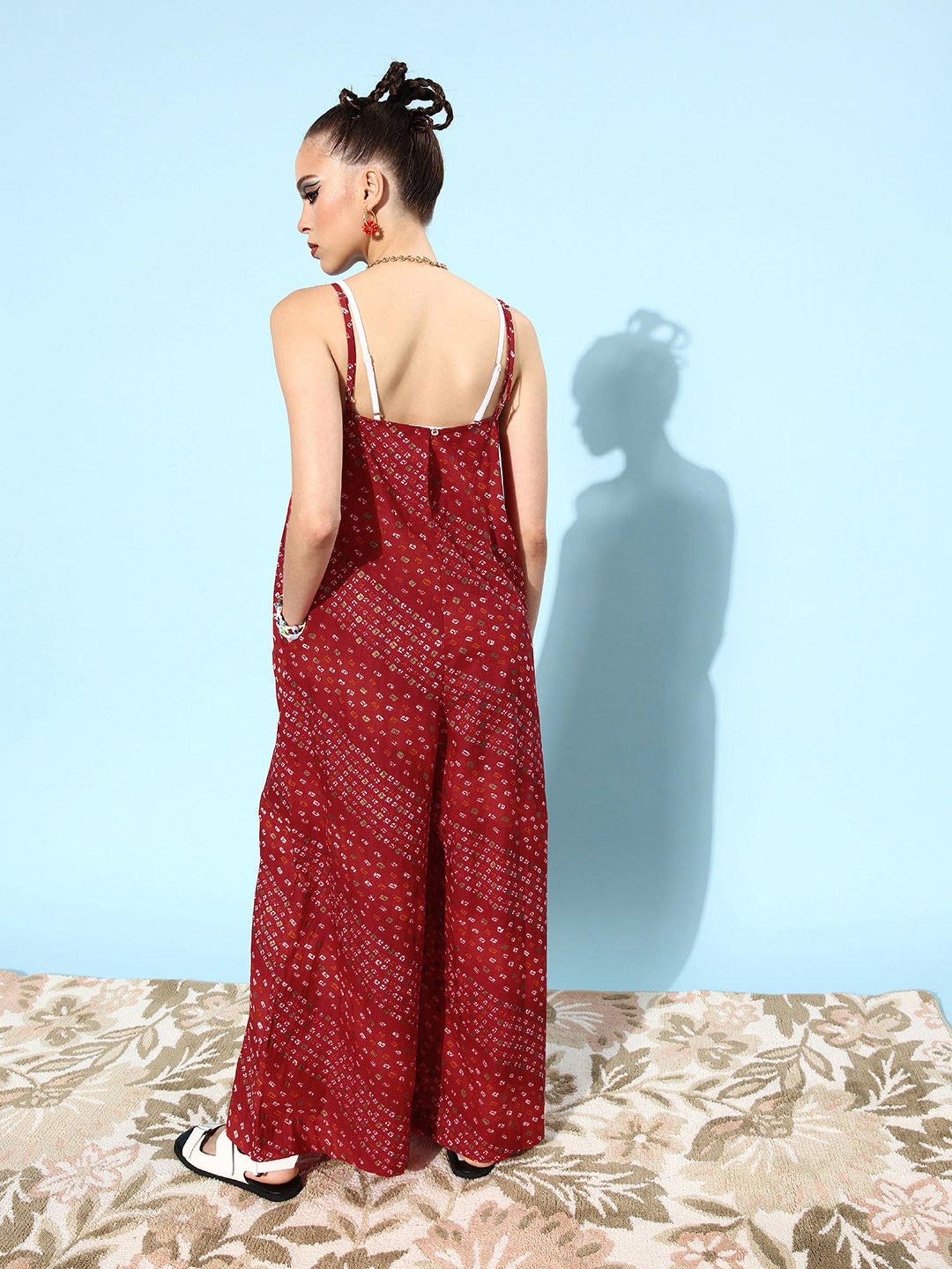 QUIERO Red Cotton Printed Jumpsuit