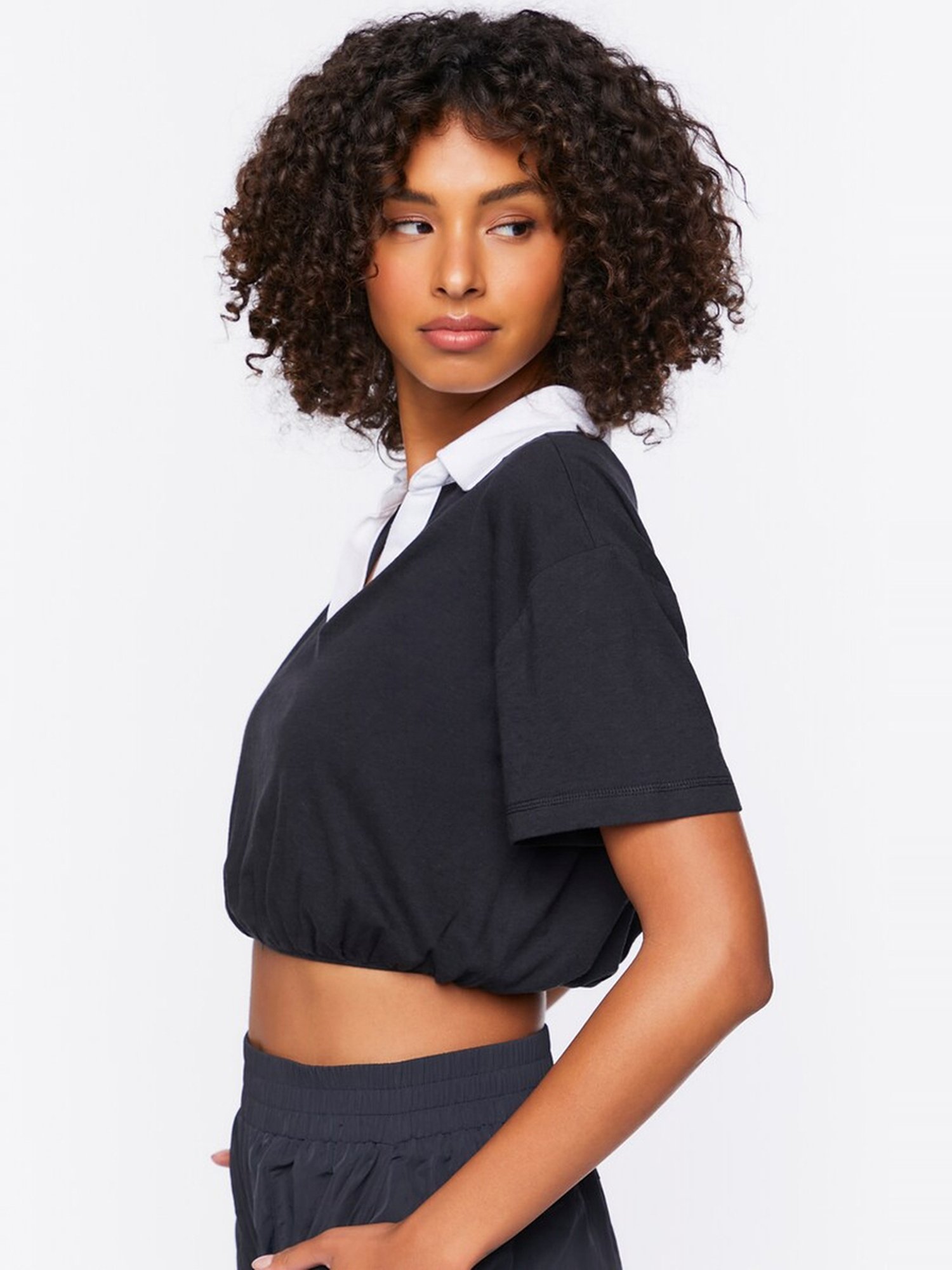 Forever 21 Black Shirt Collar Crop Top
