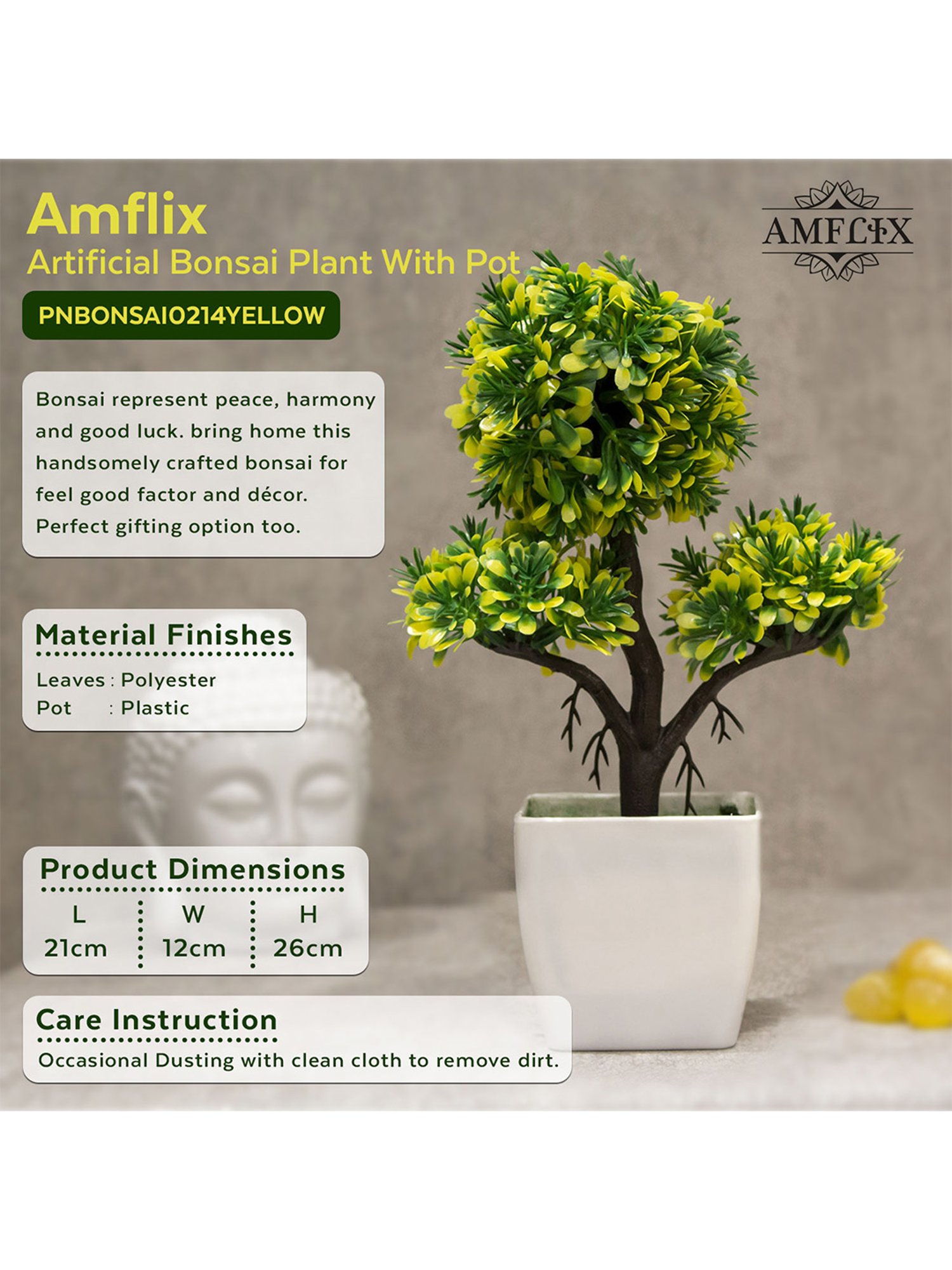 Amflix Yellow Artificial Bonsai Plant With Pot