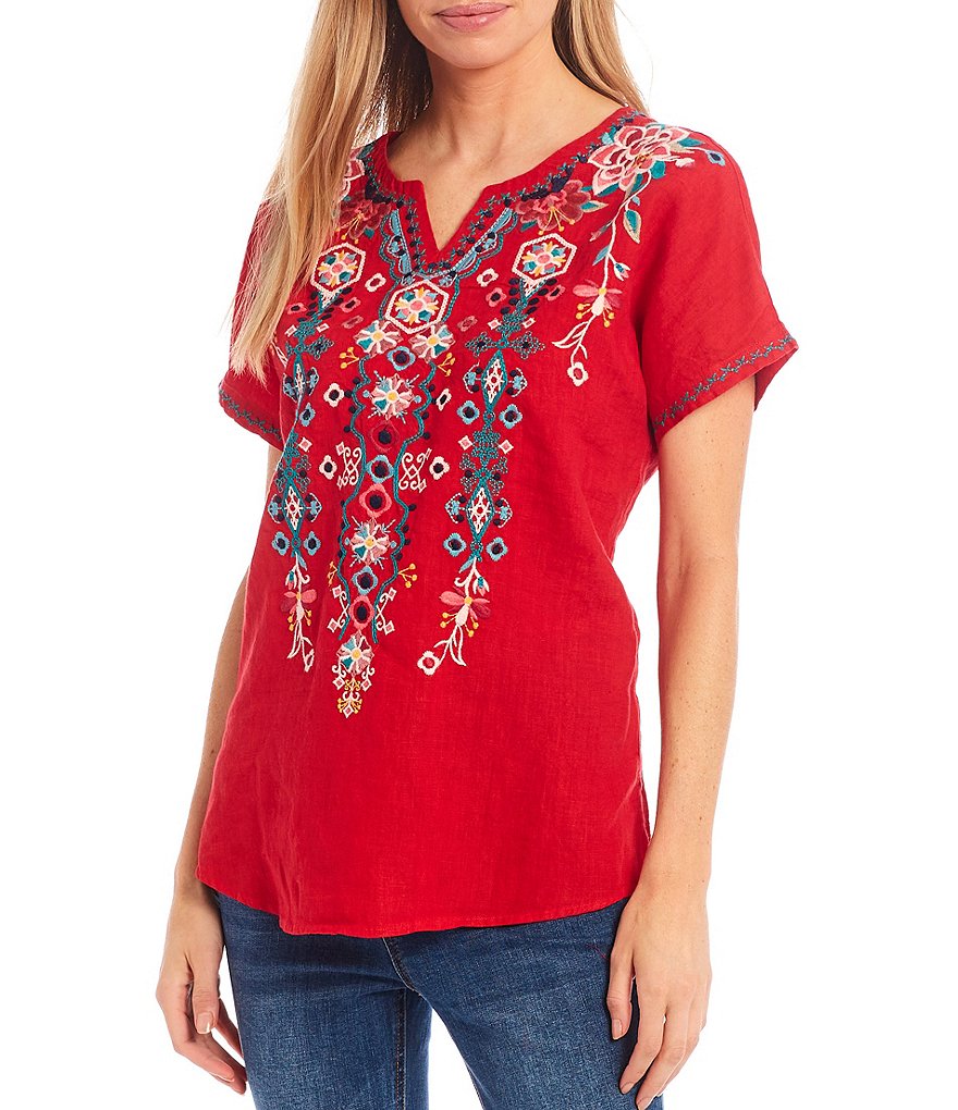 John Mark Embroidered Dolman Sleeve Split Round Neck Linen Top