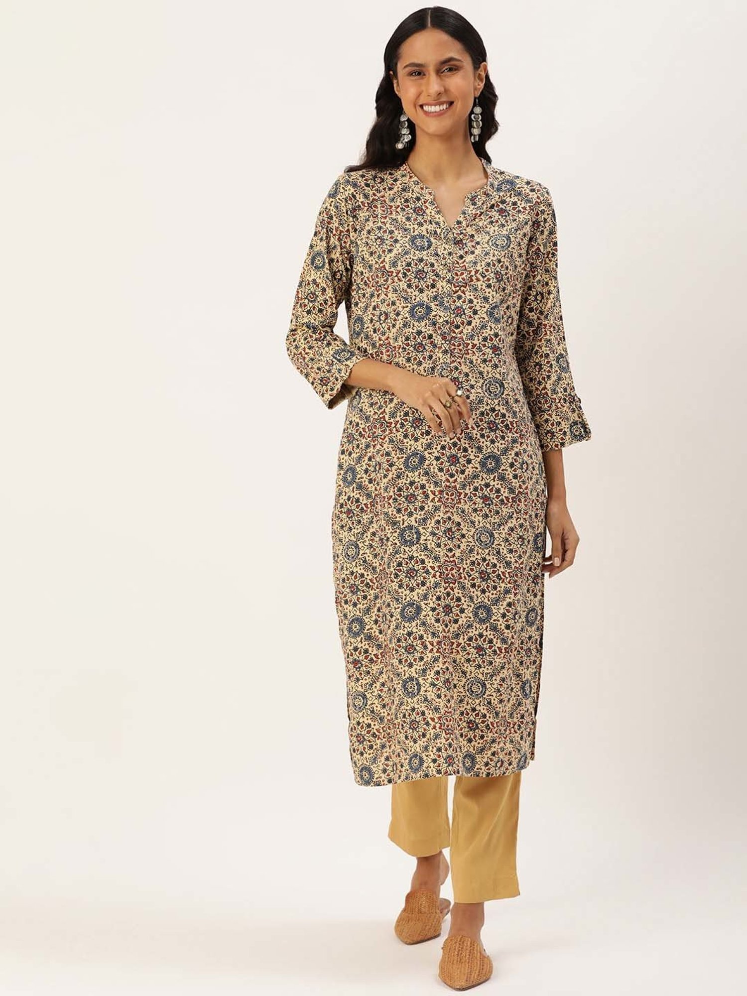Amukti Beige Printed A Line Kurta