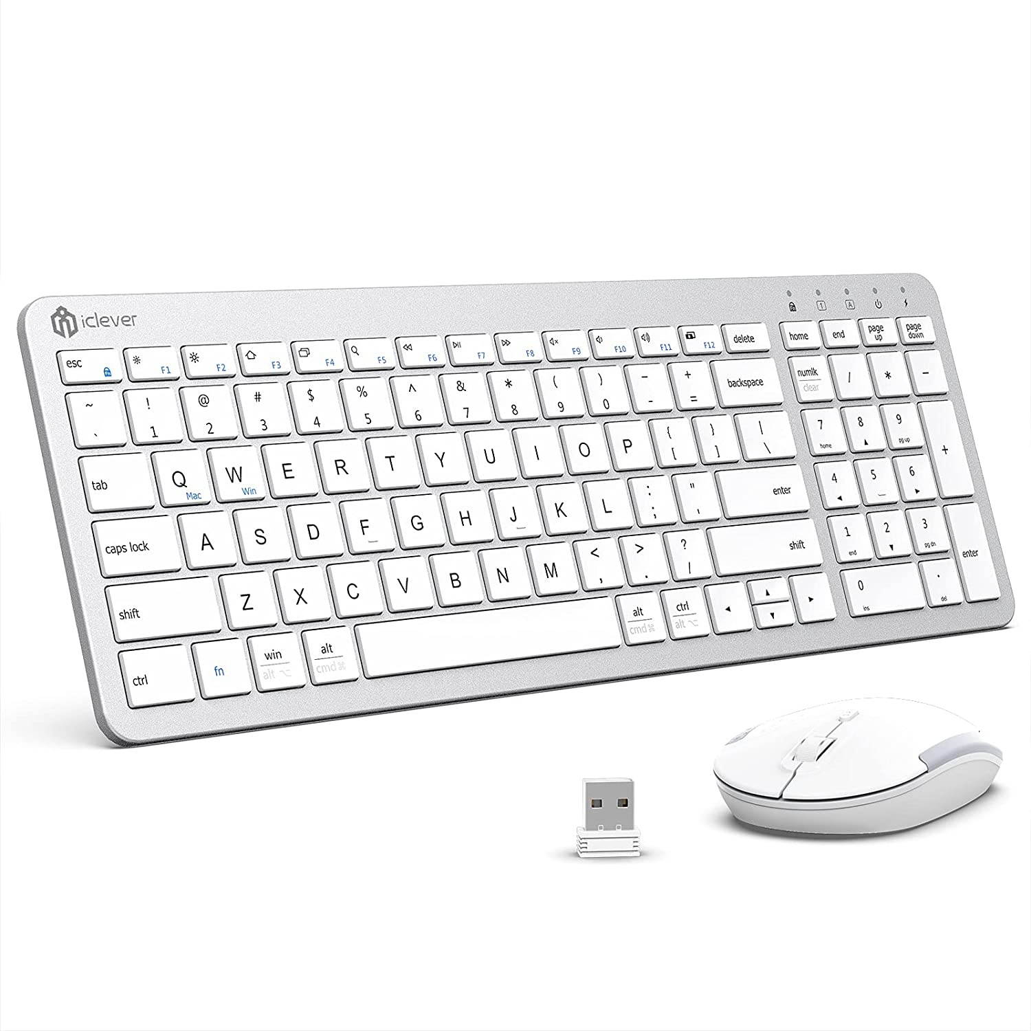 Wireless Keyboard and Mouse, iClever GCA26S Rechargeable Wireless Keyboard Ergonomic Full Size Design with Number Pad, 2.4G Slim White Keyboard and Mouse for Mac, Windows, Computer, Desktop, Notebook