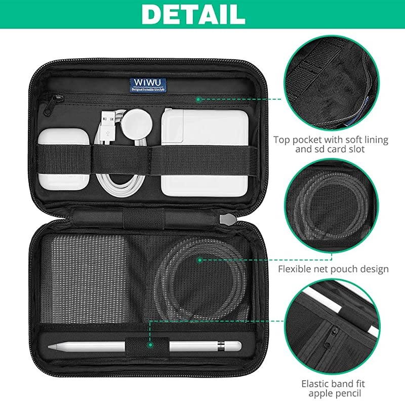Travel Cable Organizer Bag, Waterproof Electronics Accessories Pouch Bag for Apple Pencil,Hard Drives, Cable, Charger, Phone, USB, SD Card (Black)