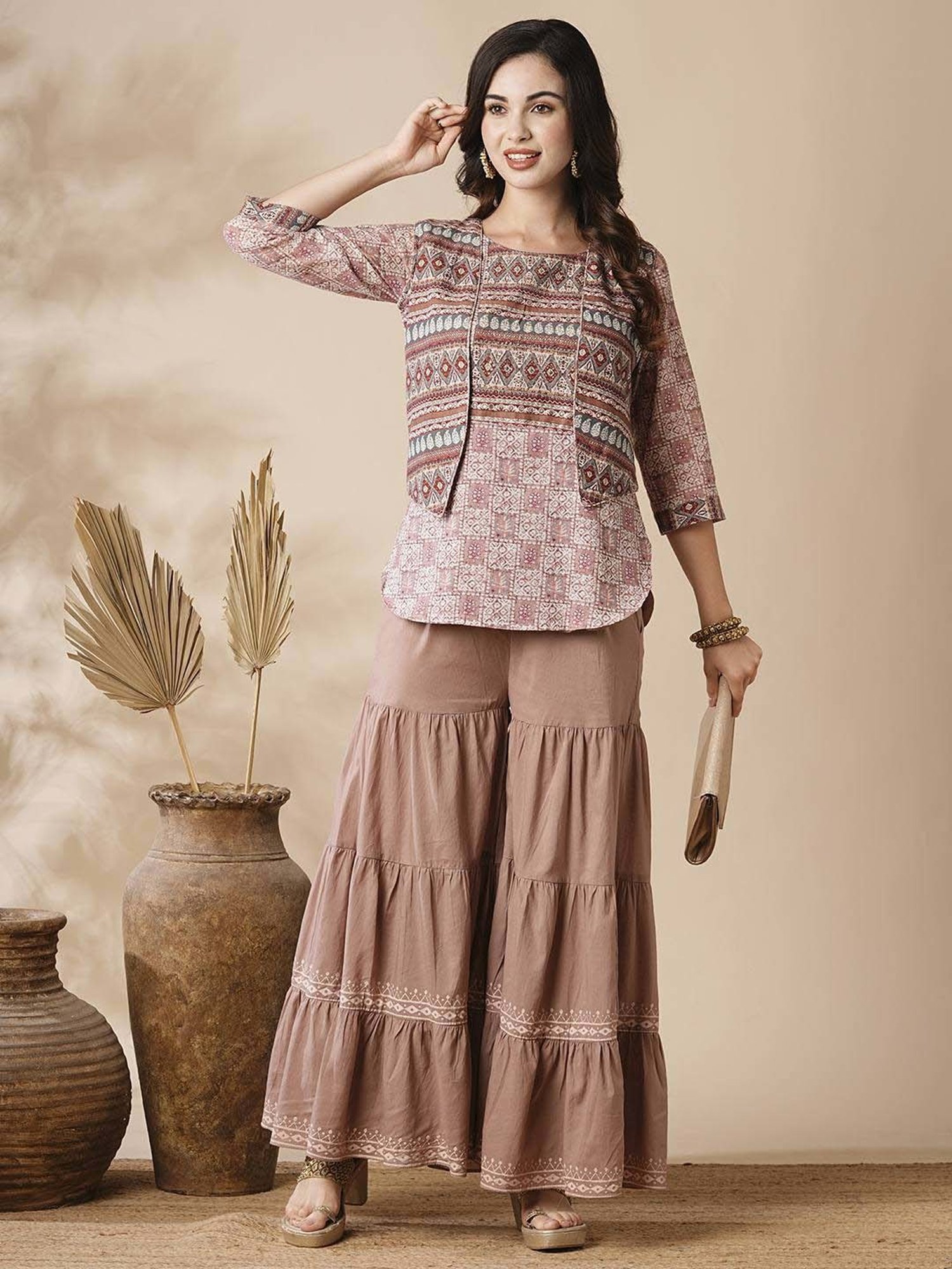Fashor Beige Cotton Printed Kurti Sharara Set With Jacket