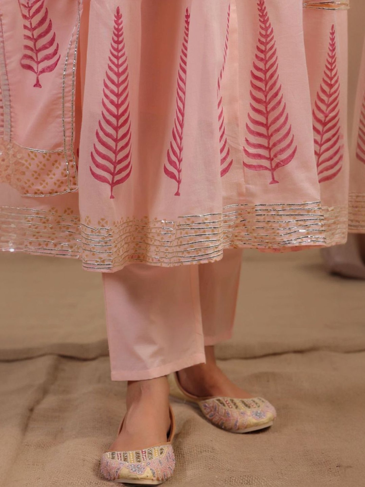 SCAKHI Peach Hand-Block Printed Handworked Anarkali Kurta and Pant With Dupatta