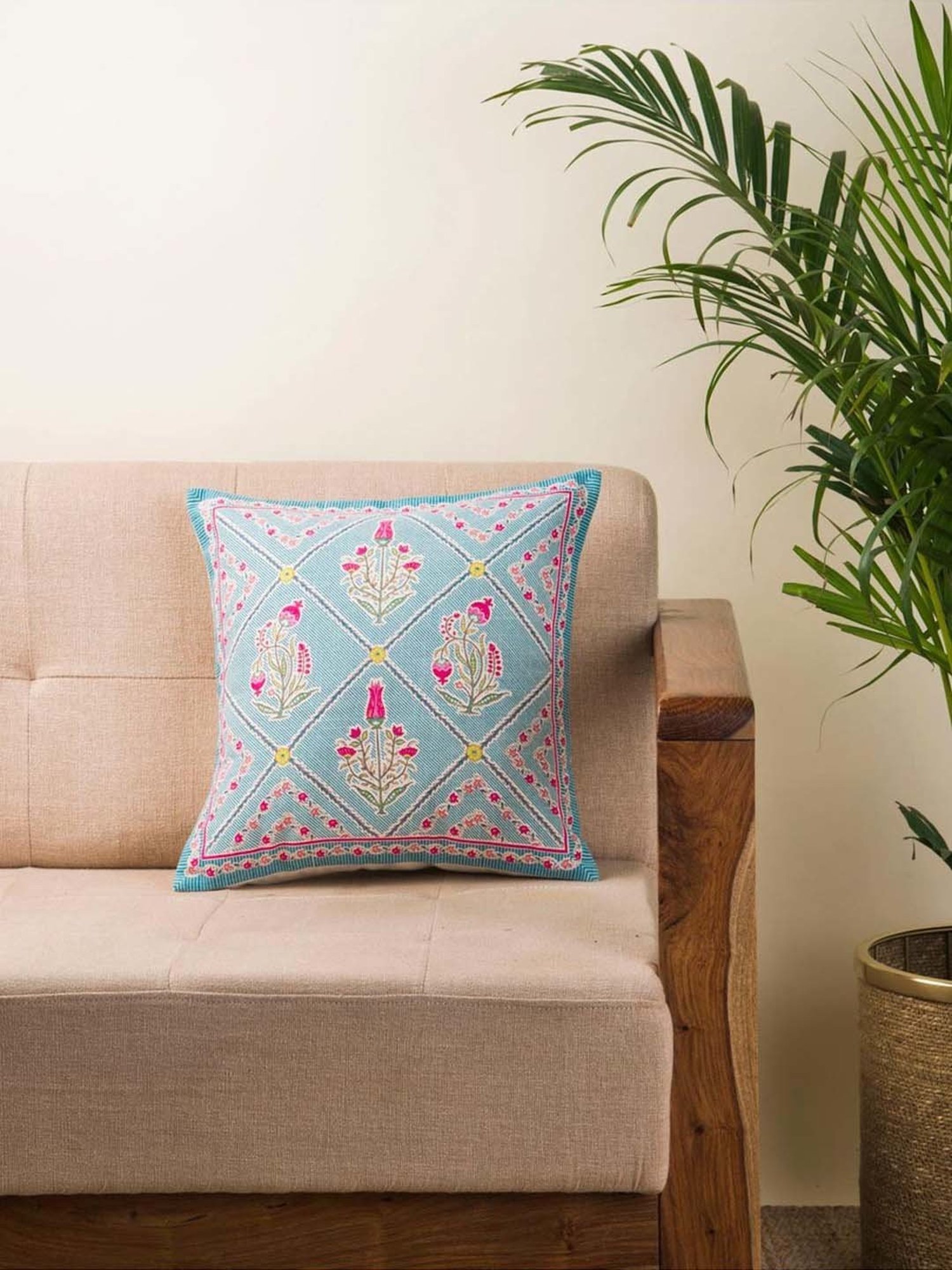 Fabindia Home Rasika Blue & Pink Cotton Cushion Cover