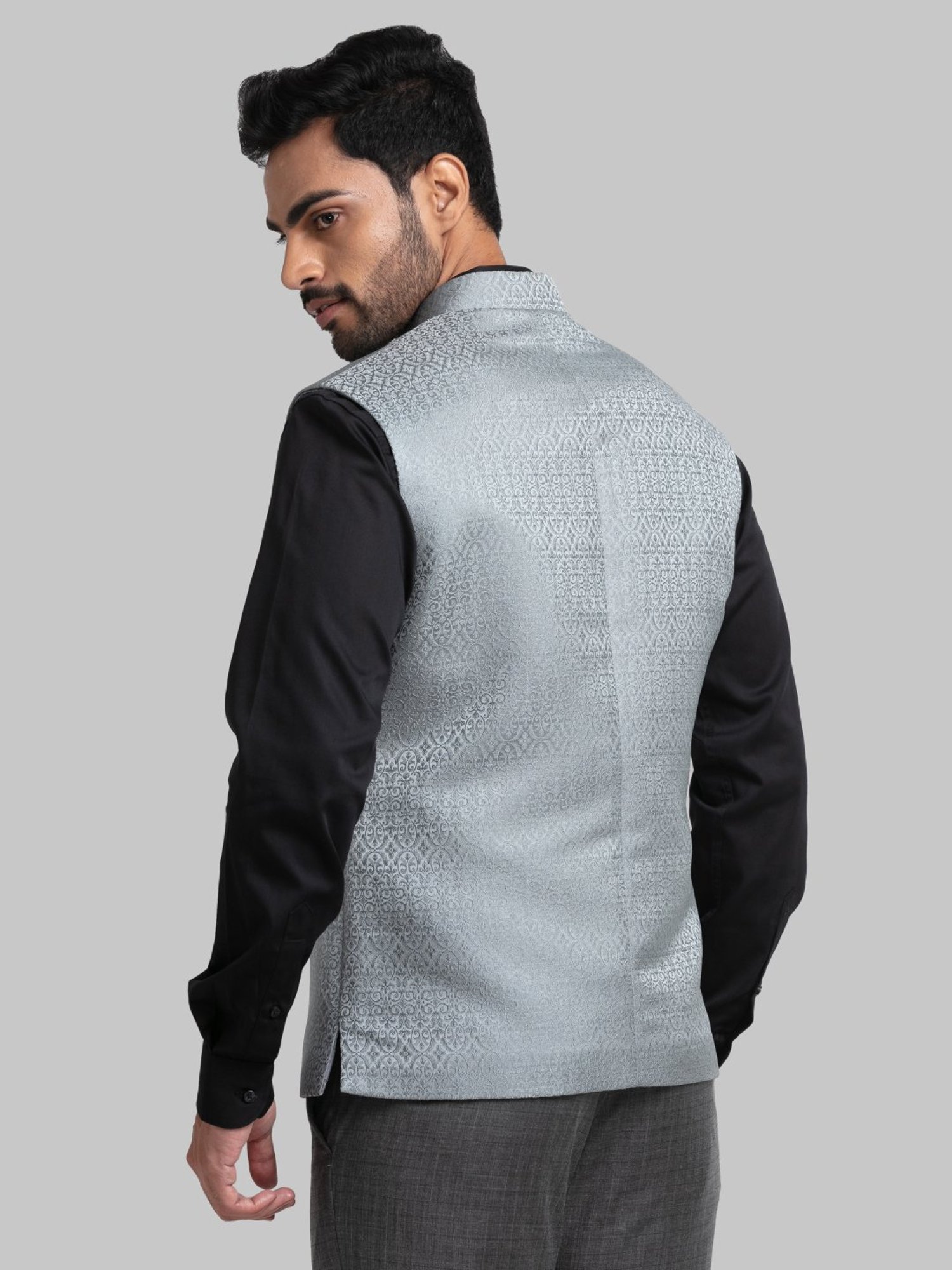 Raymond Grey Regular Fit Embroidered Nehru Jacket