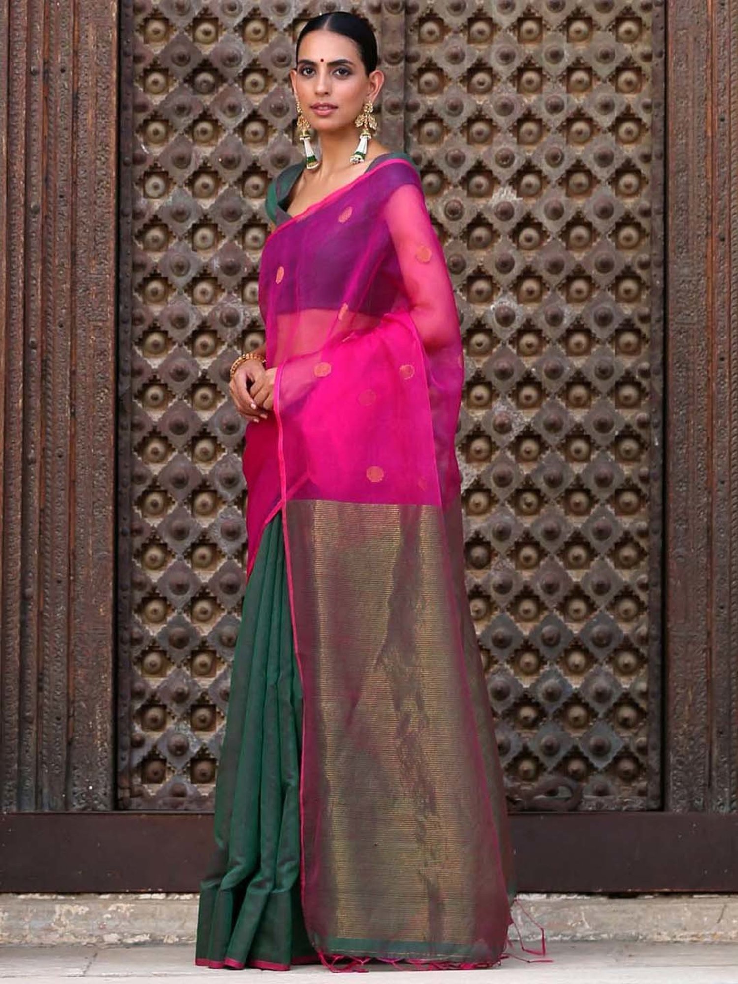 Swtantra Green & Pink Cotton Silk Embroidered Saree