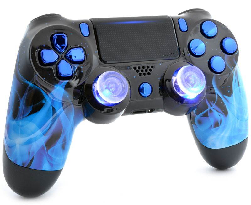 "Blue Fire" Ps4 PRO Custom UN-MODDED Controller Exclusive Unique Design with Illuminating Thumbsticks CUH-ZCT2U