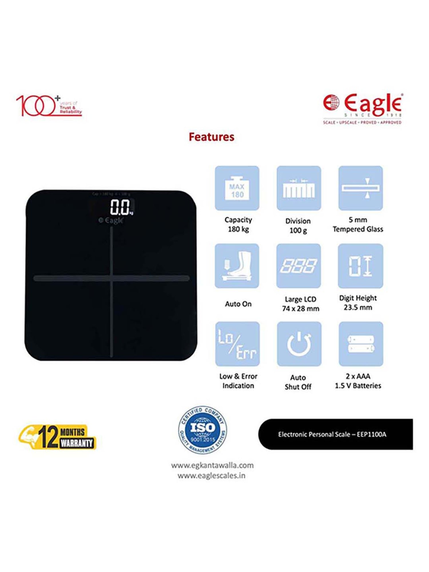 Eagle EEP1100A-BK Digital Weight Machine Body 180kg Capacity,100g Accuracy,Electronic Weighing scale