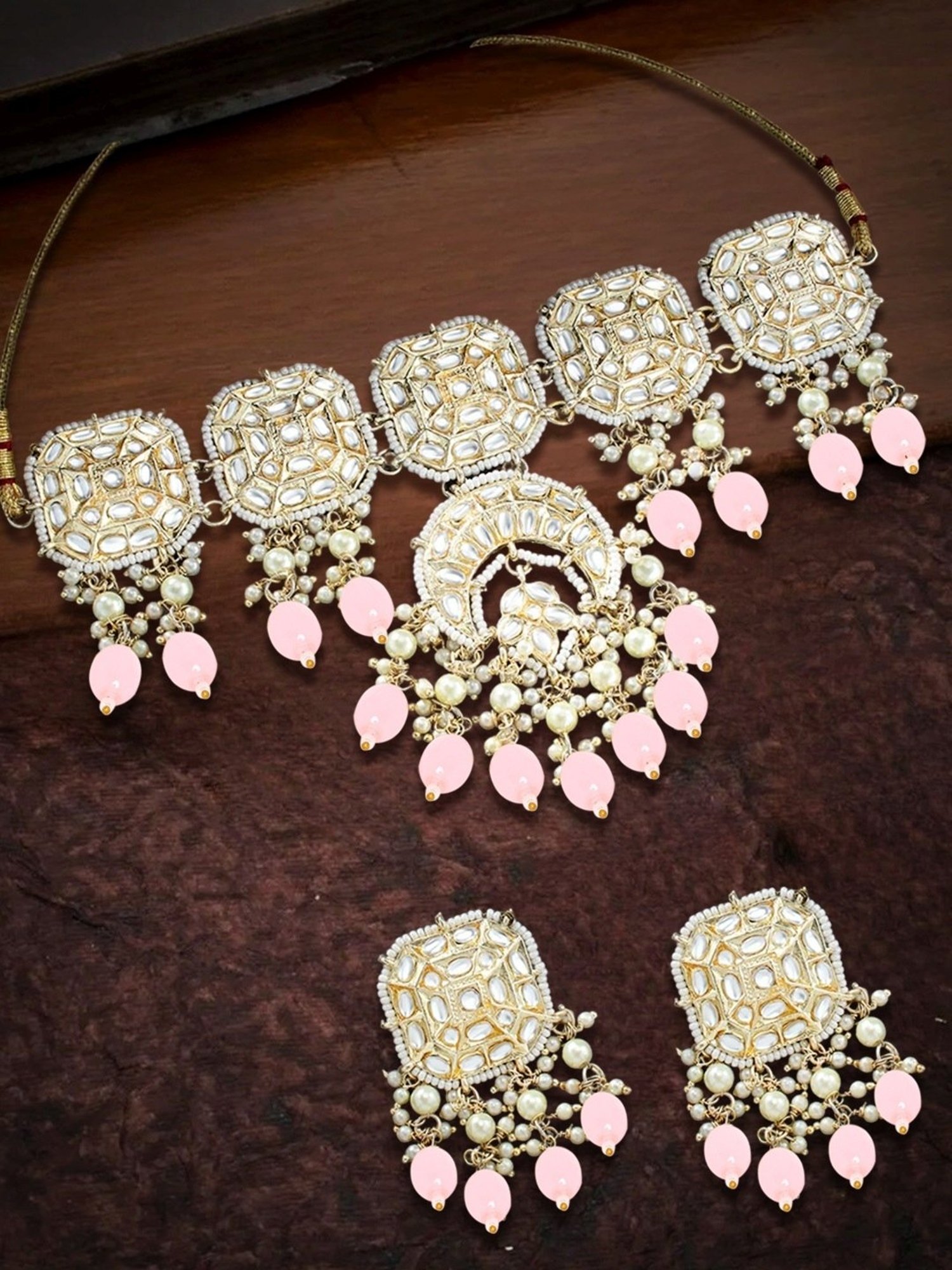 Oomph Pink Beads & Kundan Ethnic Jadau Necklace with Earring Set