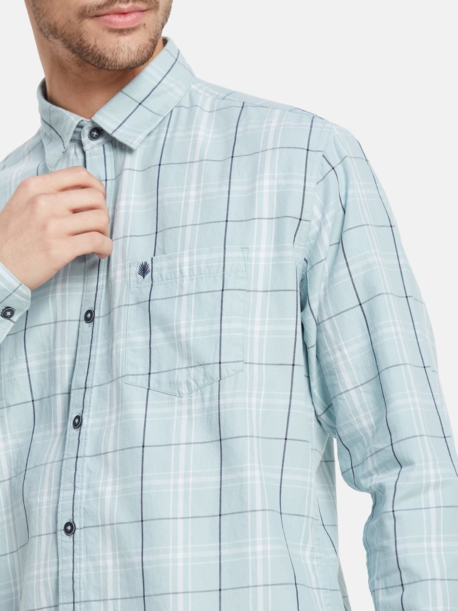 METTLE Light Teal Cotton Regular Fit Checks Shirt