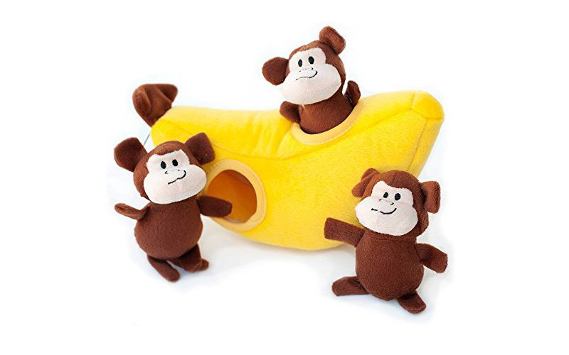ZippyPaws - Zoo Friends Burrow, Interactive Squeaky Hide and Seek Plush Dog Toy - Monkey 'n Banana