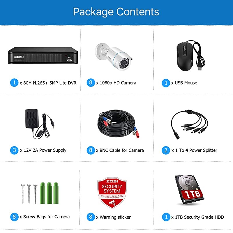 1080P H.265+ Home Security Camera System,5MP Lite 8 Channel CCTV DVR Recorder with Hard Drive 1TB and 8 x 1080p Weatherproof Bullet Camera Outdoor Indoor with 80ft Night Vision, Motion Alerts