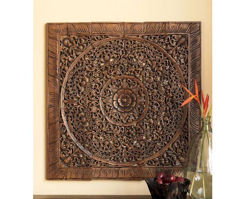 VivaTerra Teak Lotus Handcarved Wall Panel - 68" x 70"
