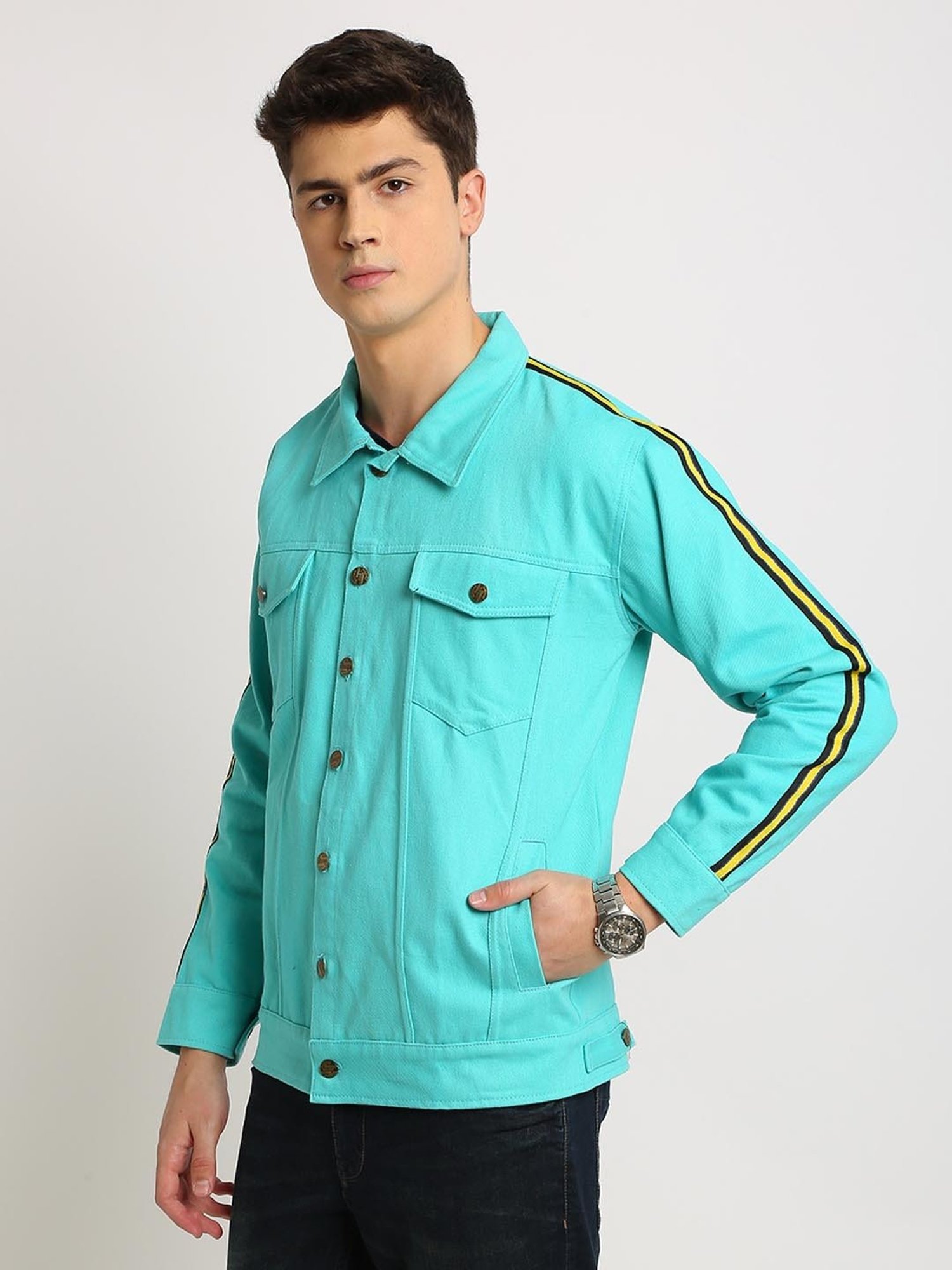 VOXATI Turquoise Full Sleeves Shirt Collar Denim Jacket