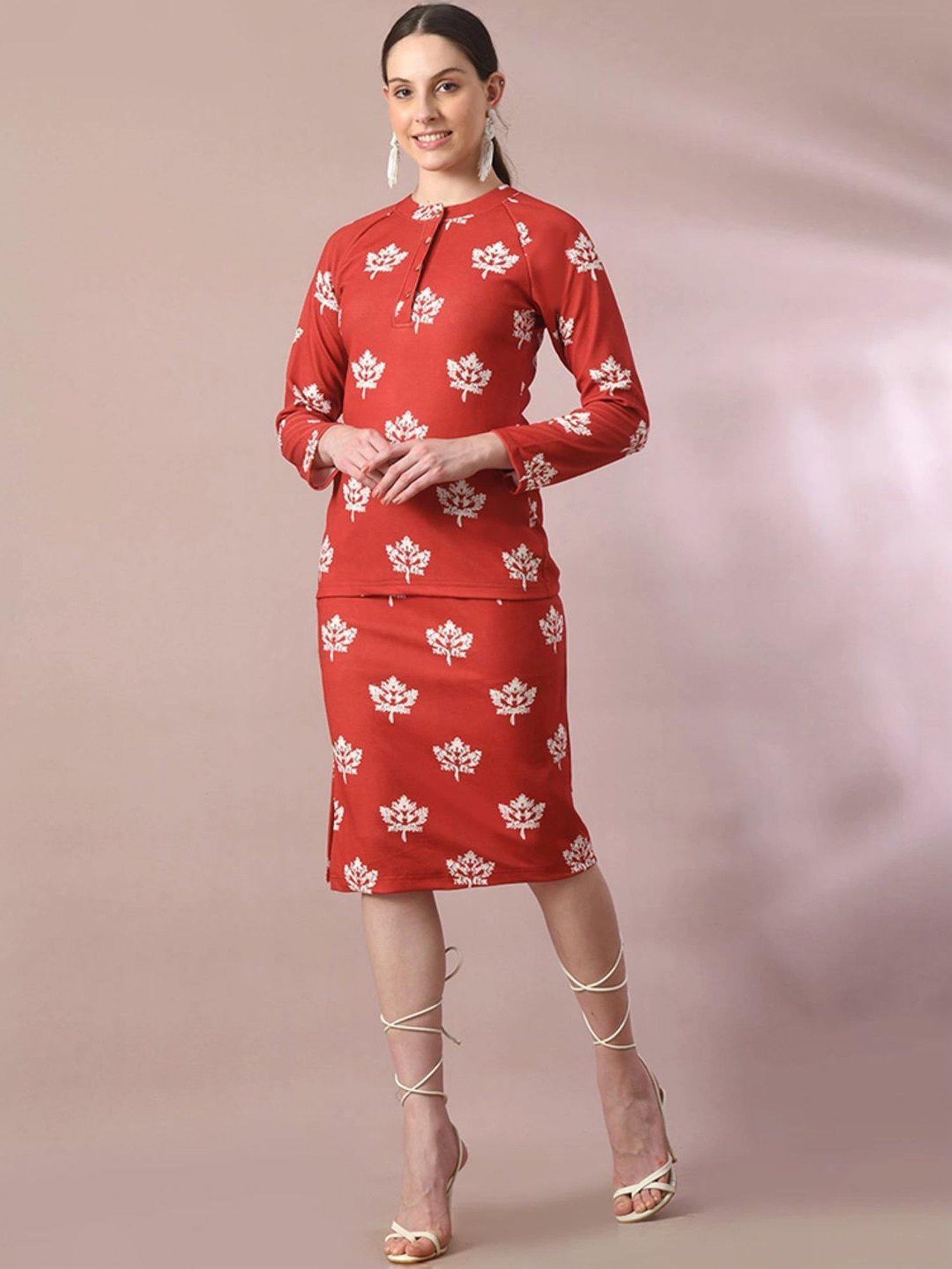 Myshka Red Floral Print Top Skirt Set