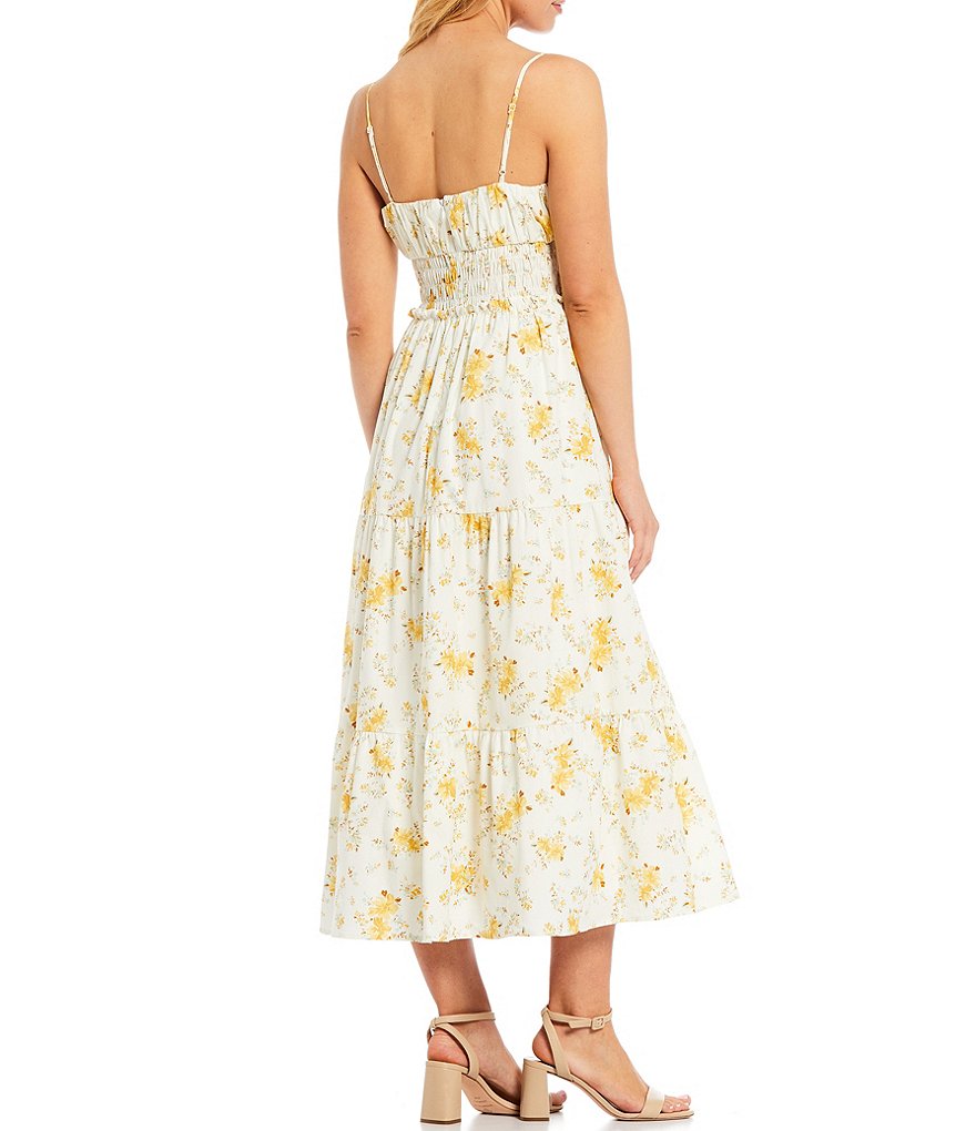 WAYF Smocked Waist Square Neck Midi Dress