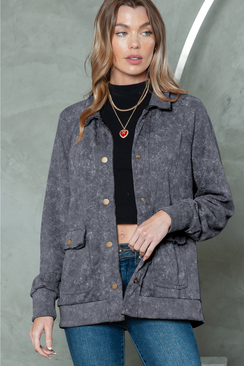 Gray Snap Button Casual Flap Pockets Washed Jacket