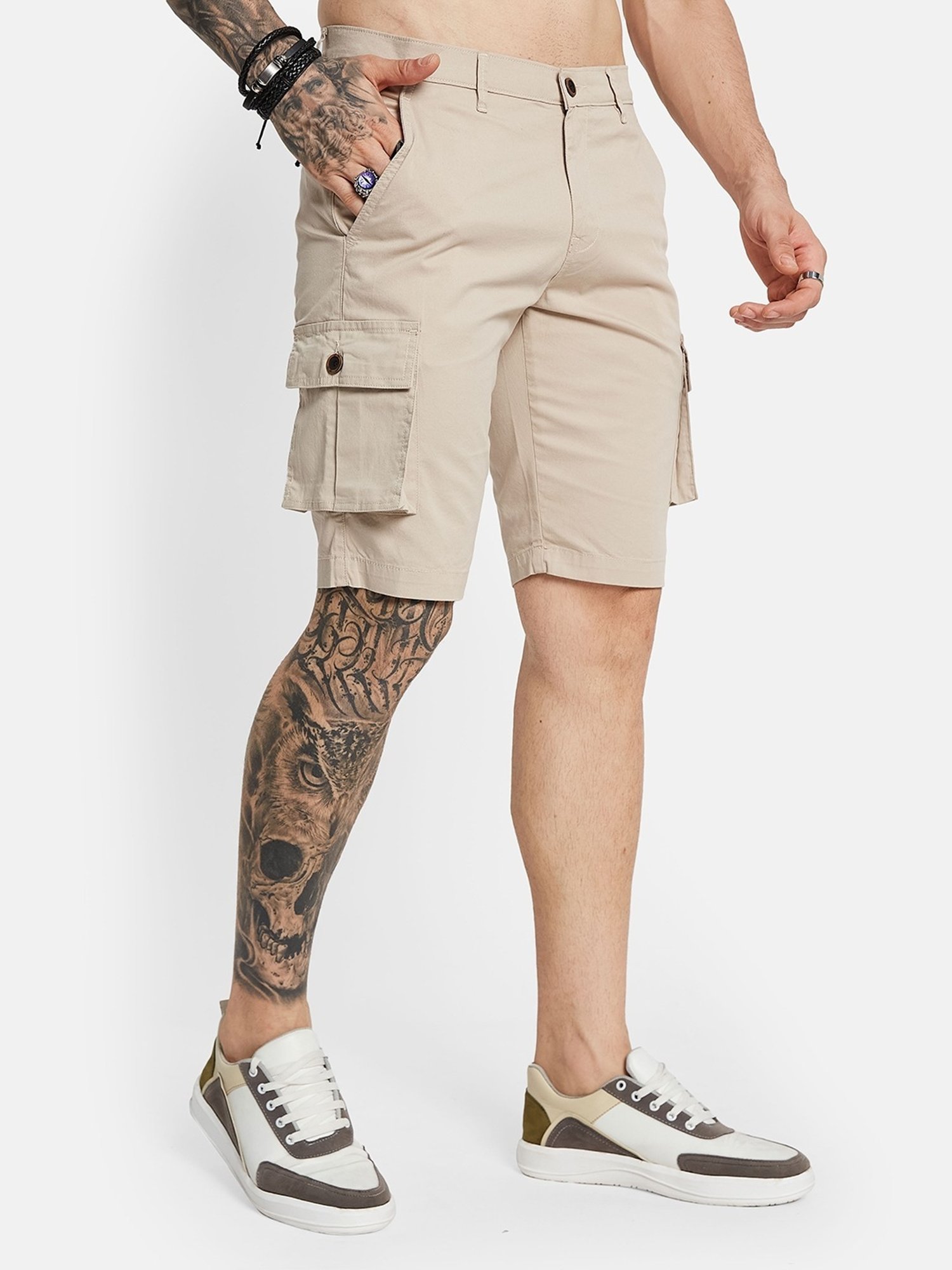Octave Cream Cotton Regular Fit Cargo Shorts