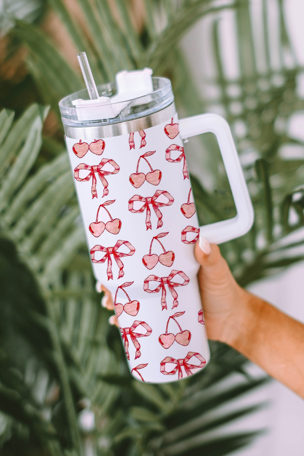 Pink Checkered Print Handled Stainless Steel Tumbler Cup