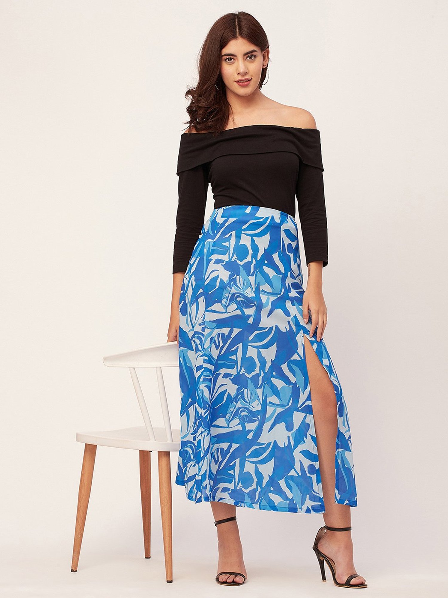 Moomaya Blue & White Georgette Printed Skirt