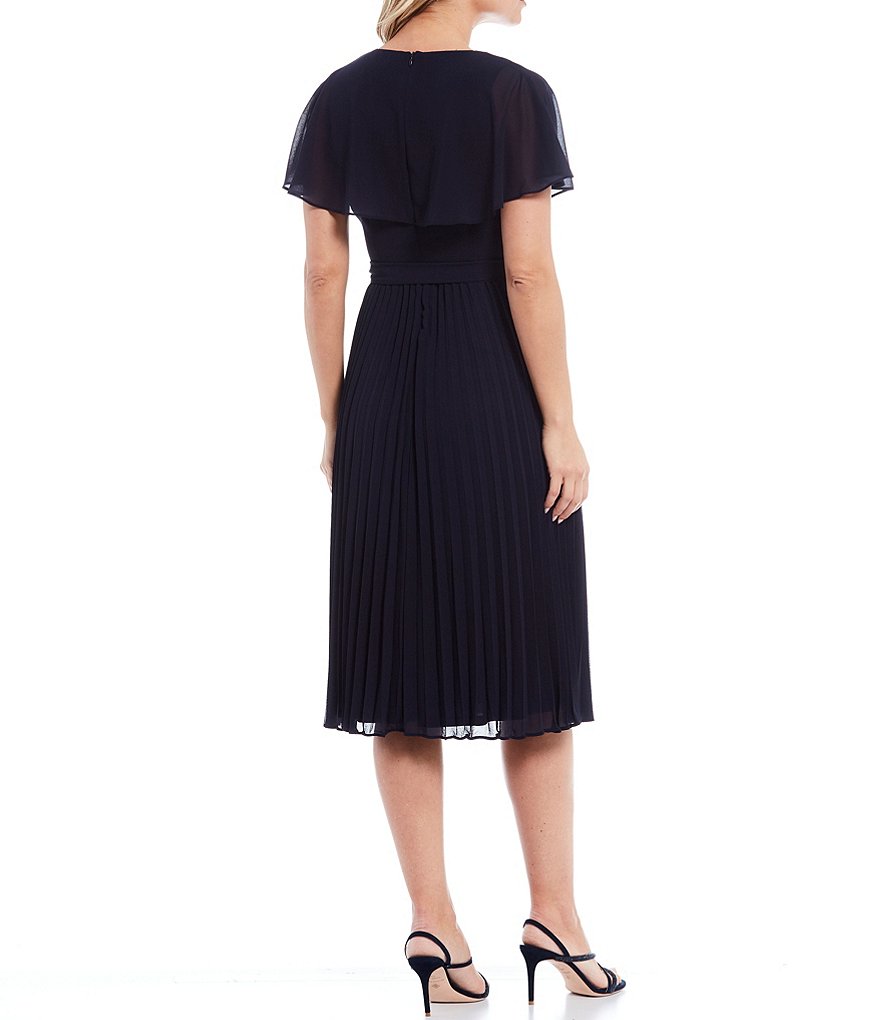 Jessica Howard Petite Size Short Flutter Sleeve Pleated Faux Wrap Midi Dress