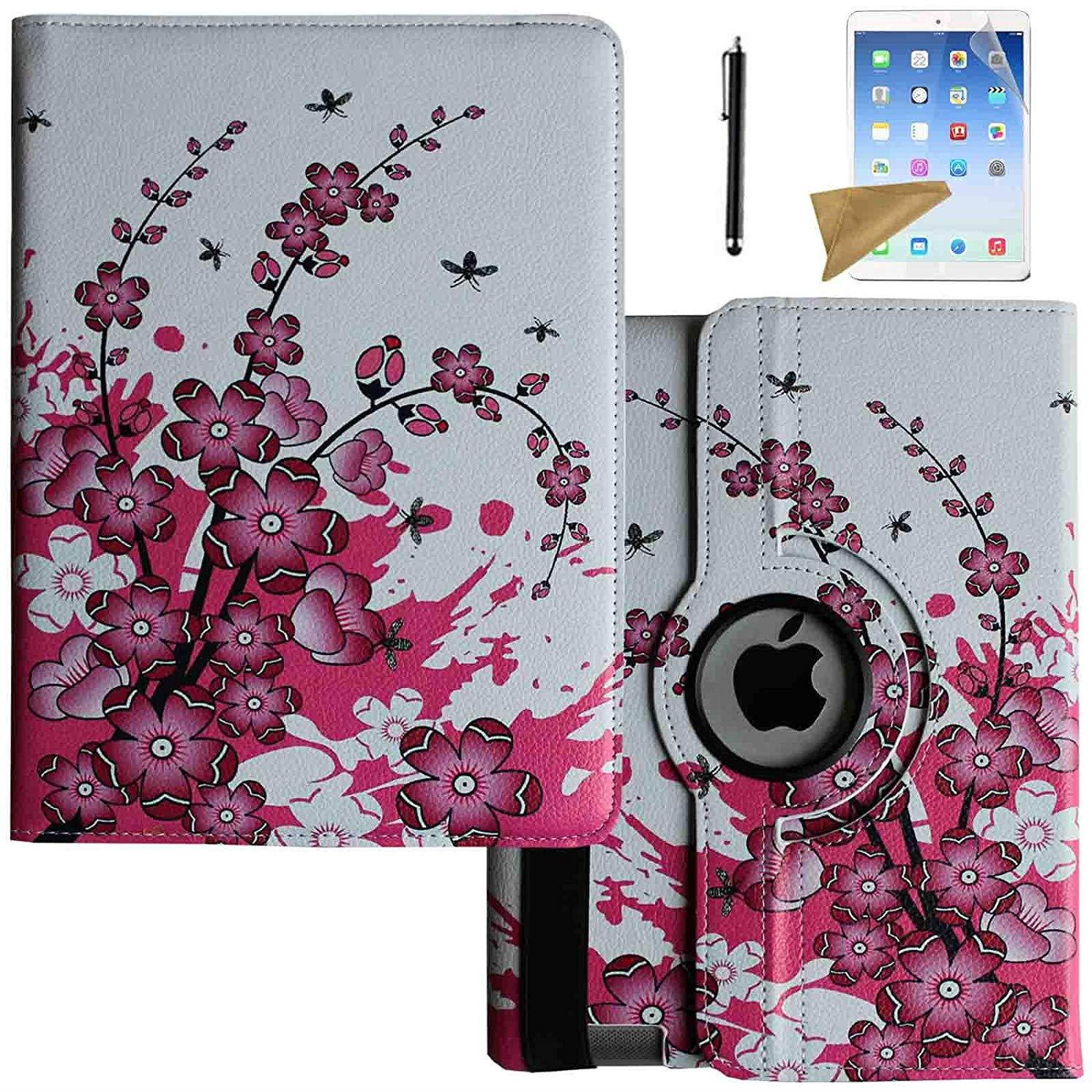 iPad 2 Case, iPad 3 Case, iPad 4 Case, Lingsor 360 Degree Rotating Stand Magnetic Smart Leather Cover Auto Sleep Wake For iPad 2/3/4 With Film And Stylus, Pink Flower